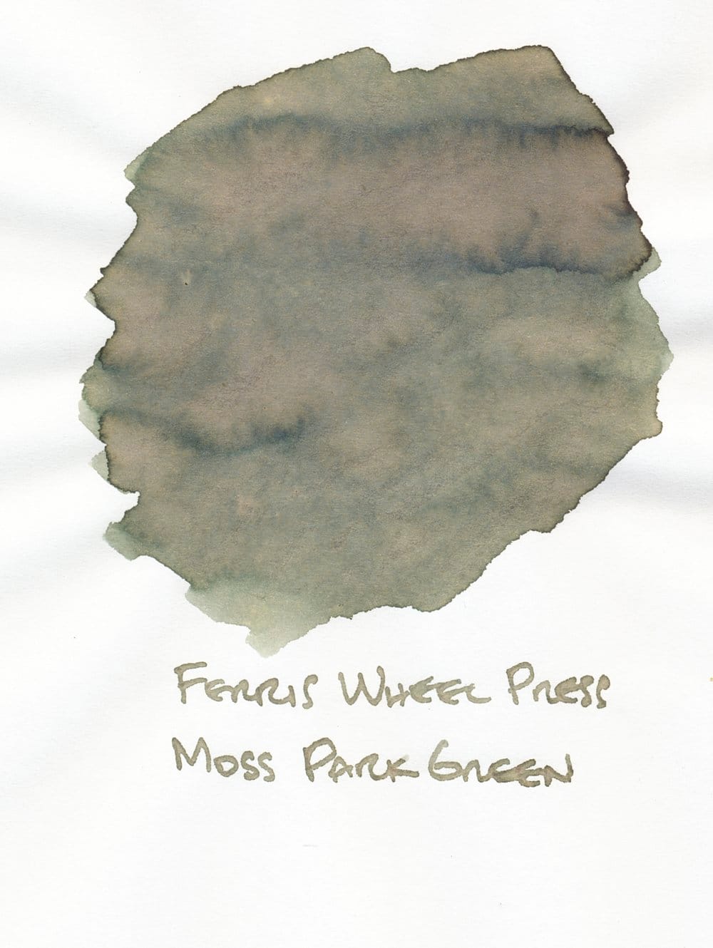 Ink swatch for Ferris Wheel Press Moss Park Green, a medium-light, mossy green with yellow and brown tones