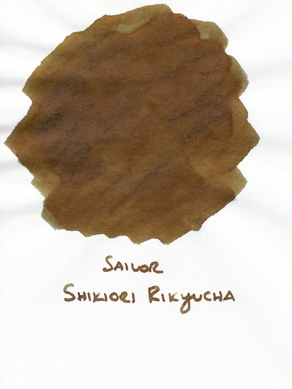 Ink swatch for Sailor Shikiori Rikyucha, a warm yellow-brown with green tones