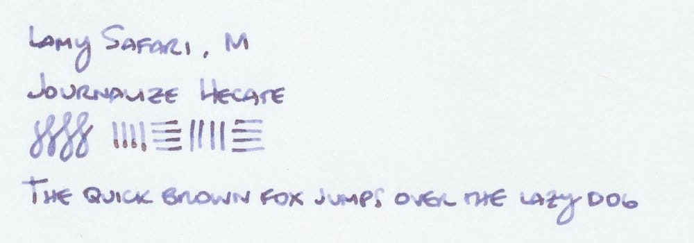 Writing sample for Journalize Hecate showing off its color and shading, "The quick brown fox jumps over the lazy dog"