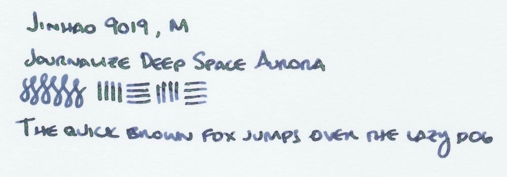 Writing sample for Journalize Deep Space Aurora showing off its shimmer, color, and shading, "The quick brown fox jumps over the lazy dog"