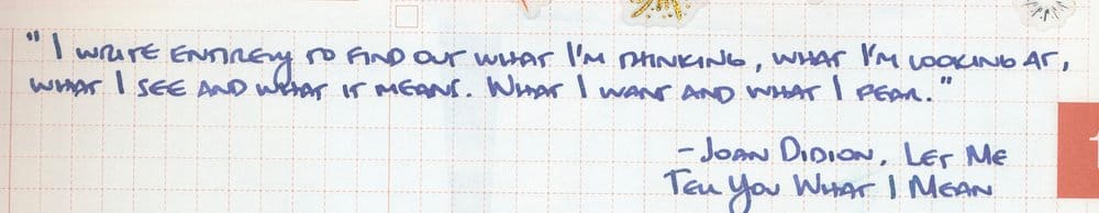 Writing sample for Journalize Elphaba on a paper with grid markings, a quote by Joan Didion