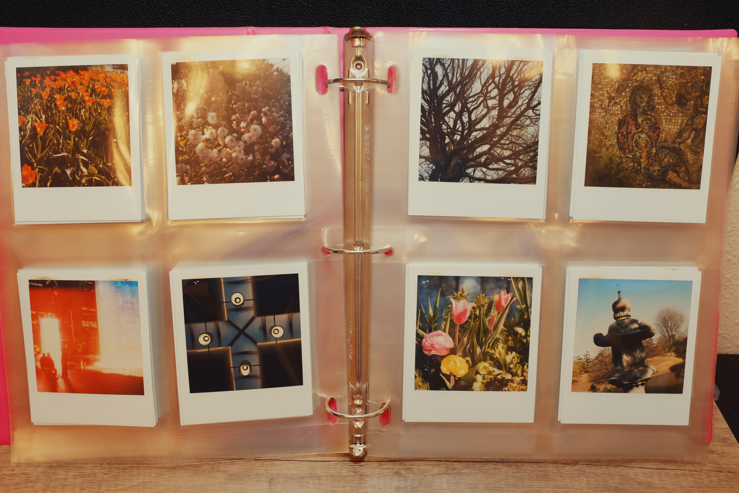 Another image of 2 plastic photo album pages showing 8 Polaroid pictures of varying subjects including flowers, trees, a close of an art mosaic, a Japanese stone lantern at a park, abstract view of overhead lights in a symmetrical cross-shaped skylight, and a night image of the LED fountains at Millennium Park in Chicago with a huge light leak distortion over almost the whole frame