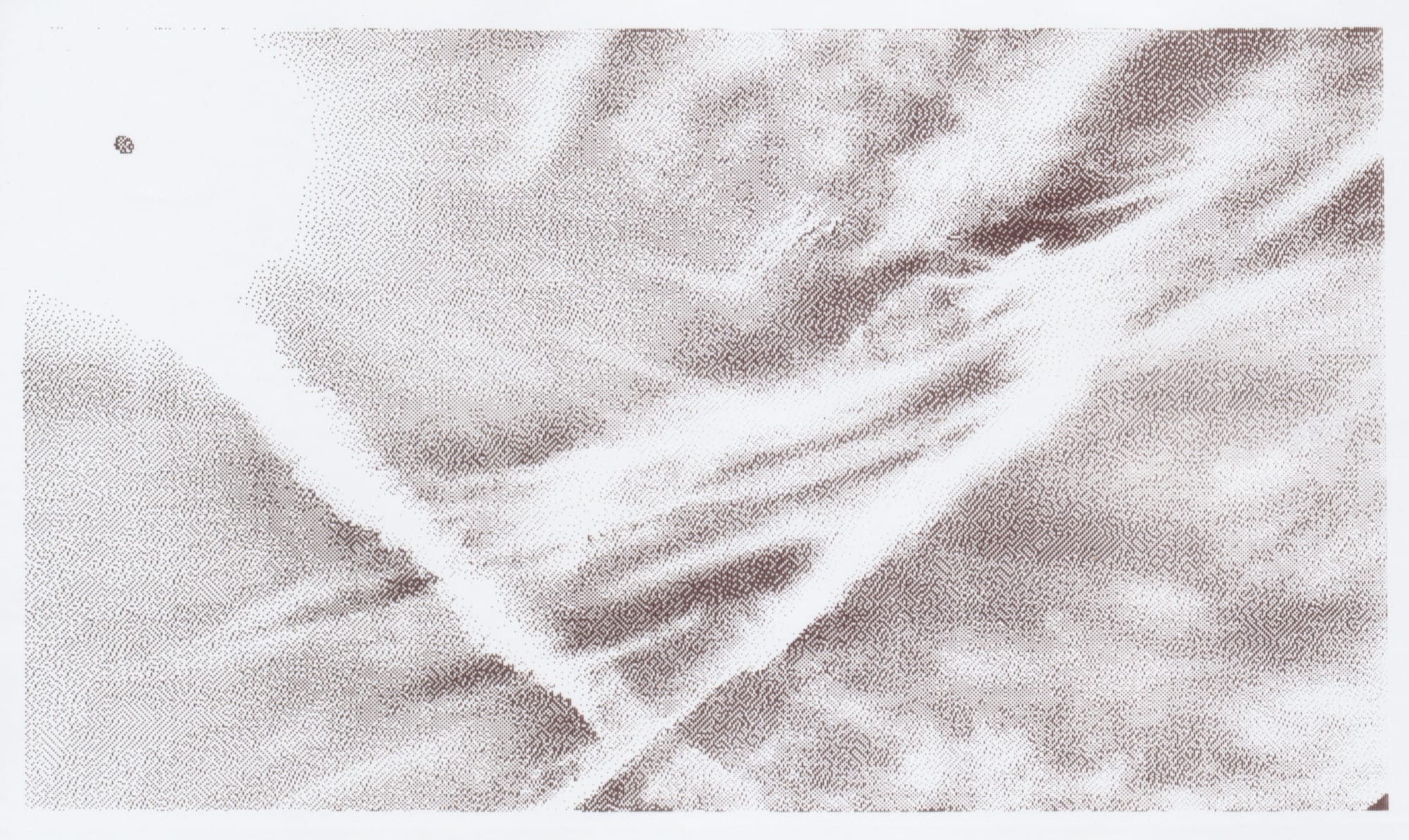 1-bit grayscale thermal print of an image of the sky with the bright sun in the top left corner and criss-crossing wispy clouds in the middle of the frame