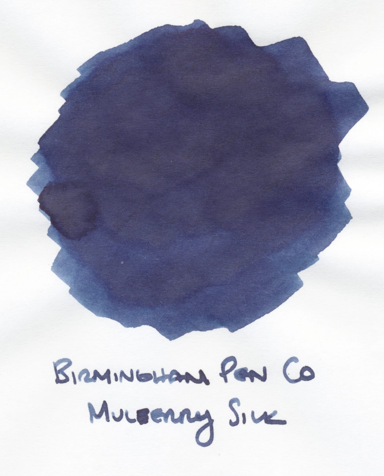 Scan of an ink swatch on paper for a blue-black fountain pen ink, Birmingham Pen Co Mulberry Silk