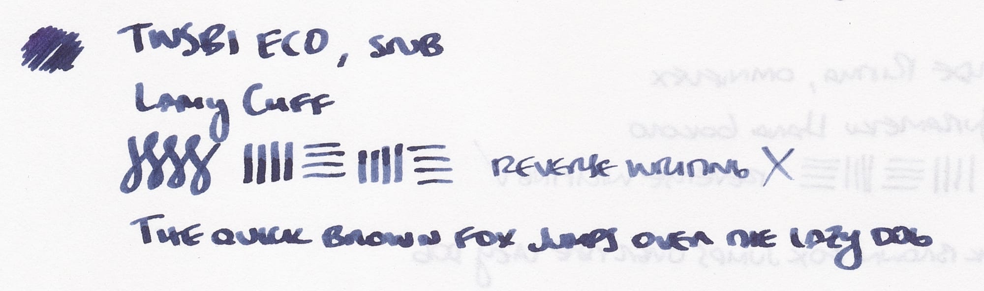 Writing sample using a TWSBI ECO fountain pen with a stub nib, listing the pen name, ink name, some figure-8s, horizontal and vertical lines, demonstration of reverse writing, and "The quick brown fox jumps over the lazy dog"