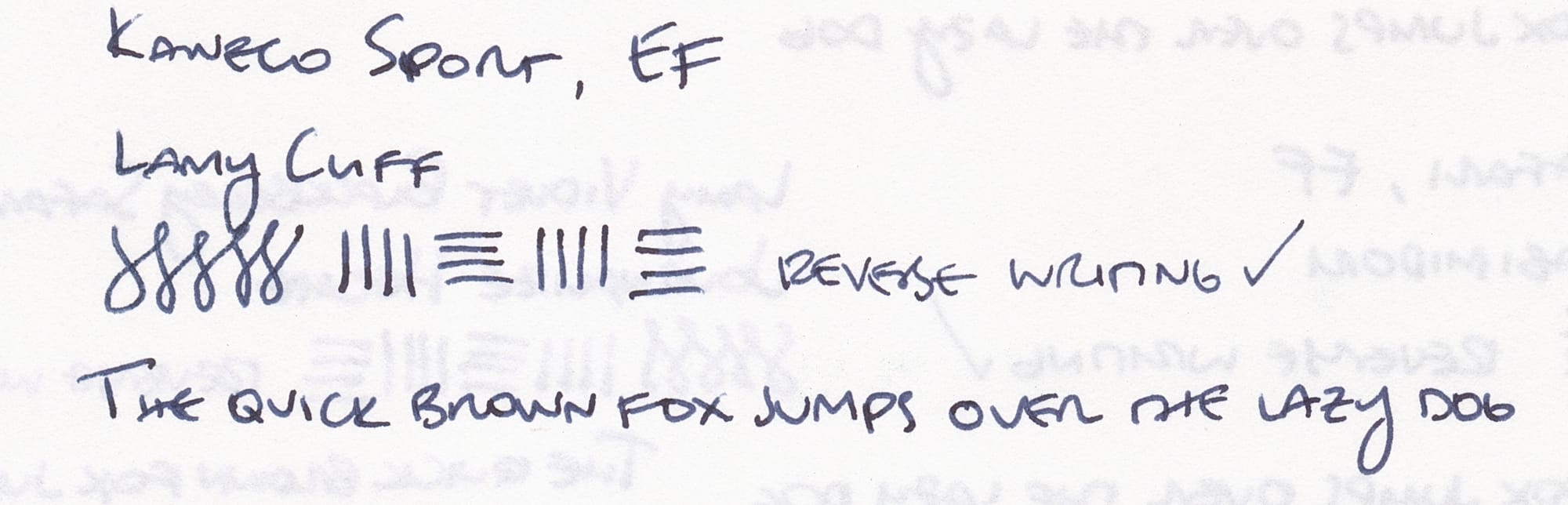 Writing sample using a Kaweco Sport fountain pen with an EF nib, listing the pen name, ink name, some figure-8s, horizontal and vertical lines, demonstration of reverse writing, and "The quick brown fox jumps over the lazy dog"
