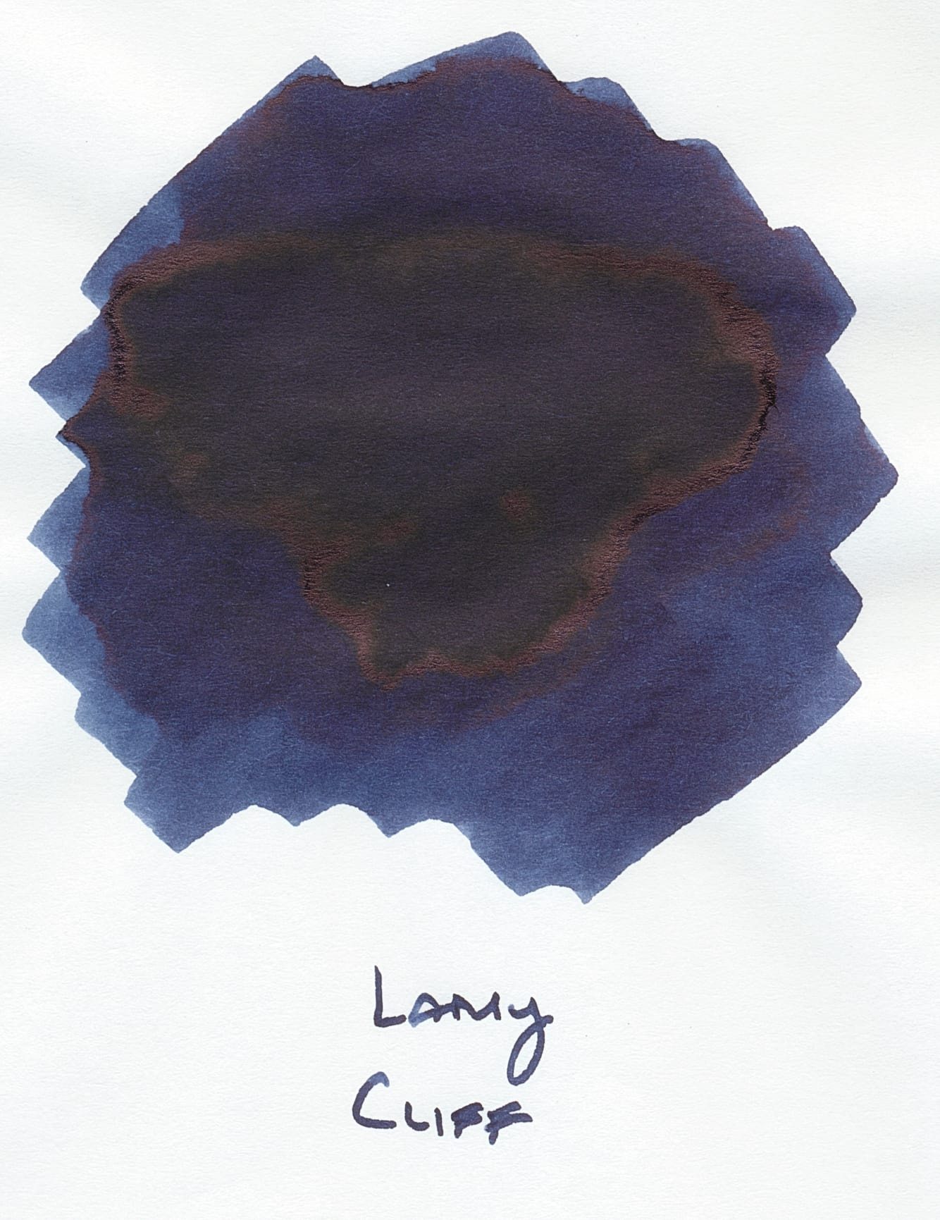 A scan of an ink swatch for a blue-black ink that also shows sheening where the ink is heavily applied, Lamy Cliff