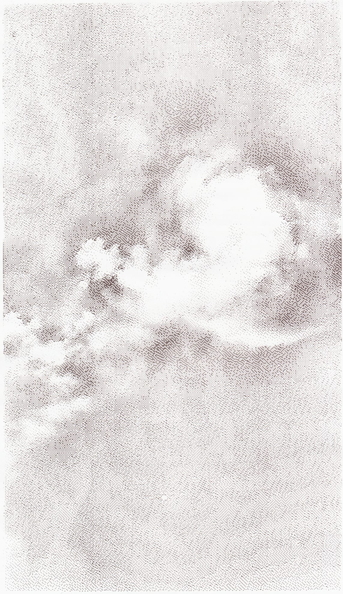 Vertical 1-bit grayscale thermal print of the cloud formation in the sky with a very tiny dot of a moon in the lower quarter of the frame 