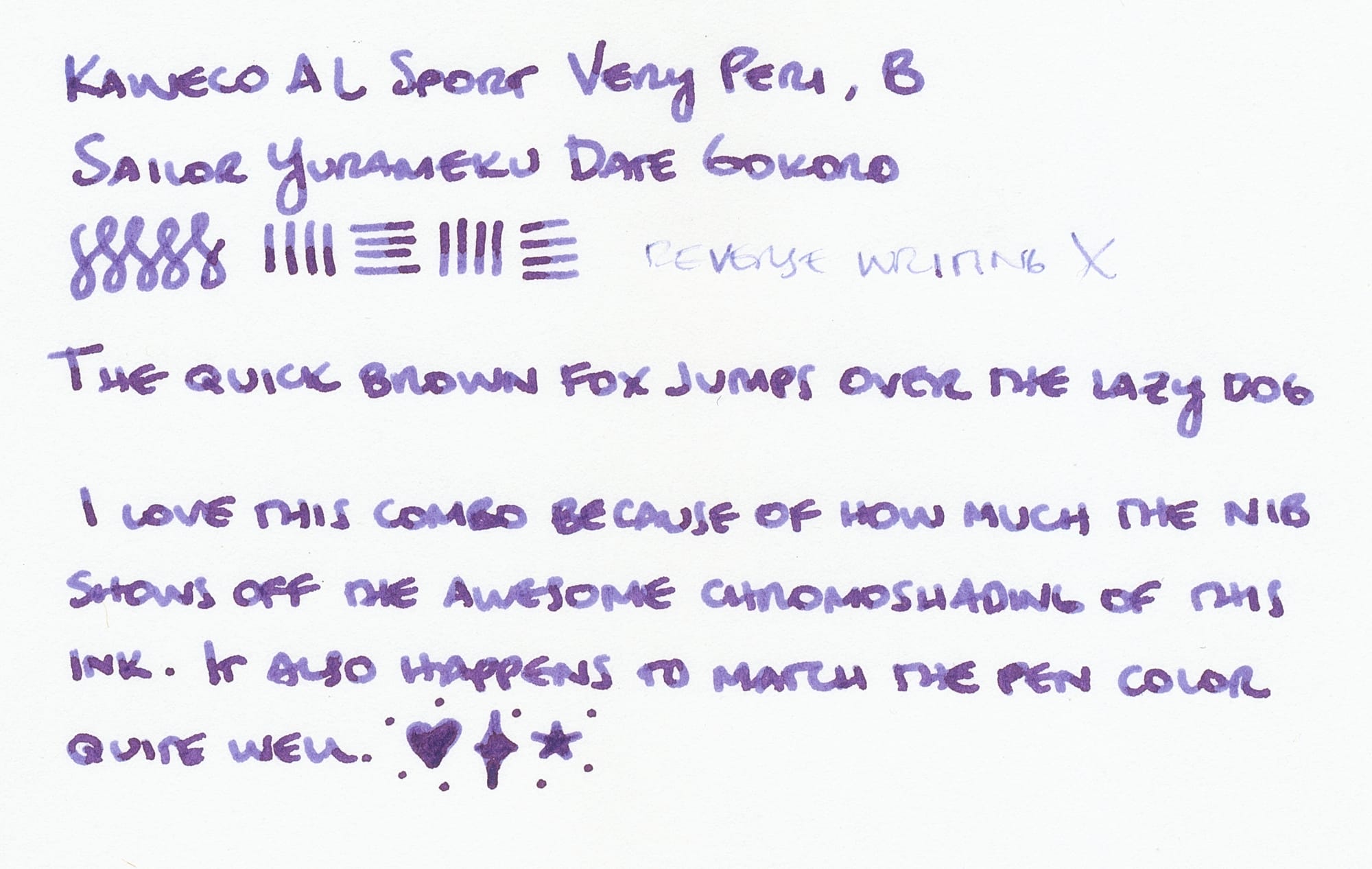 Scan of a writing sample using a bluish purple ink in a fountain pen with a broad nib (transcription below)