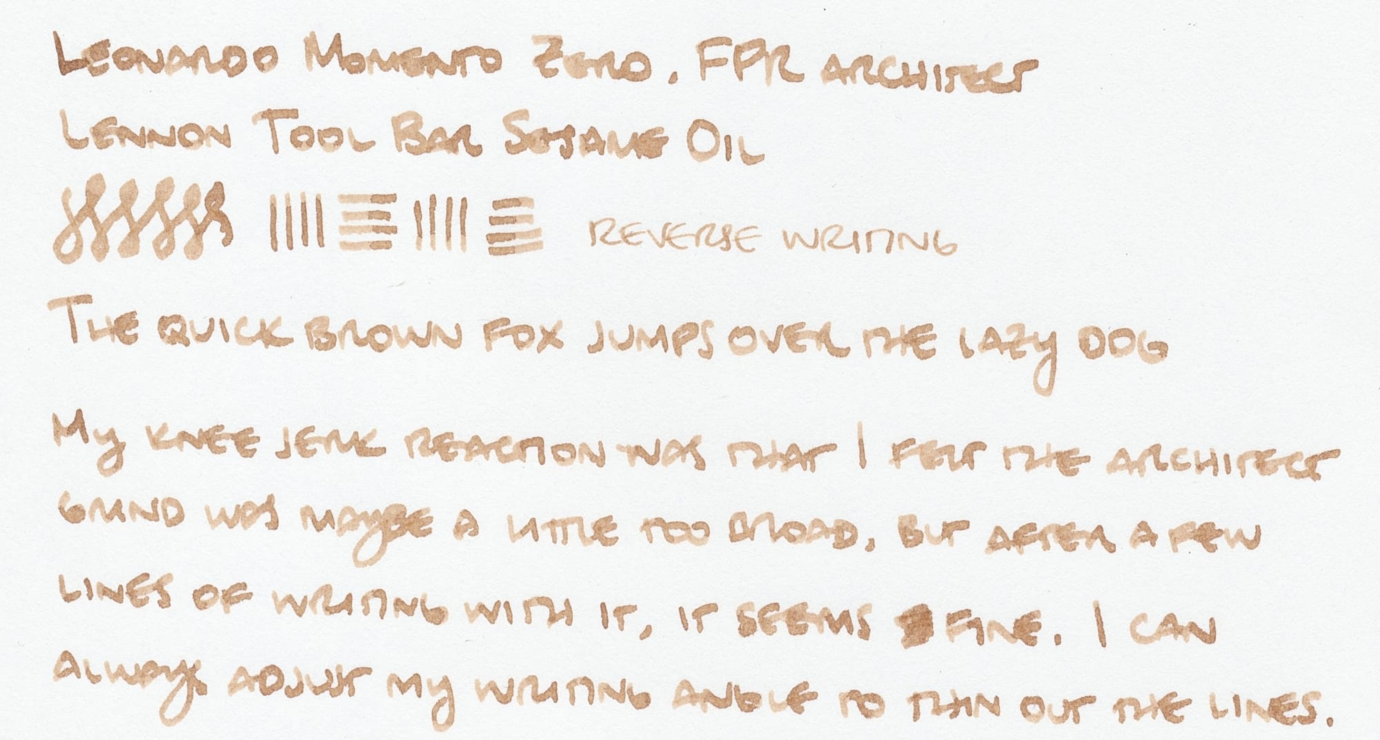 Scan of a writing sample using a Leonardo Momento Zero fountain pen with a Fountain Pen Revolution architect nib. Besides some figure 8 squiggles and horizontal and vertical lines showing the thinner vertical line widths vs. the thicker horizontal line widths and a reverse writing sample, "The quick brown fox jumps over the lazy dog" is written to show off the ink's performance.