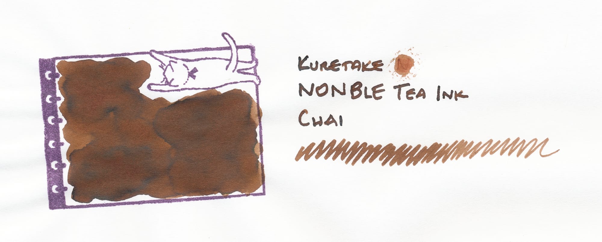 Ink swatch painted into a rubber stamped image of a cat hanging on to the right side of a notebook page, Kuretake NONBLE Tea Ink, Chai