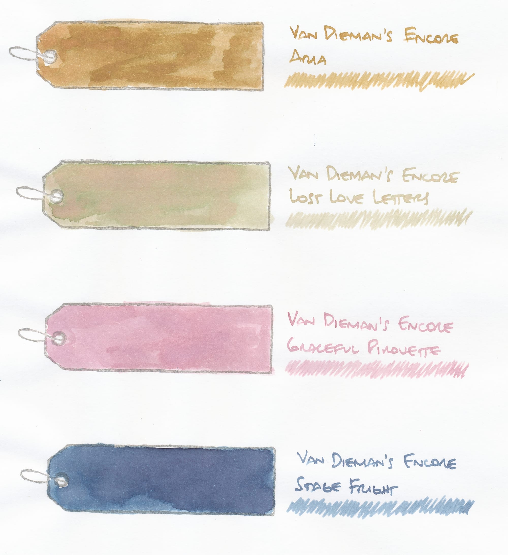 4 rubber stamped images of a long, narrow tag, filled in with ink swatches of 4 different inks: Aria, a medium-light beige/tan with light pink undertones; Lost Love Letters, a light green-brown with visible pink undertones; Graceful Pirouette, a soft medium pink, similar to cherry blossom color; Stage Fright, a medium translucent blue with some light pink undertones