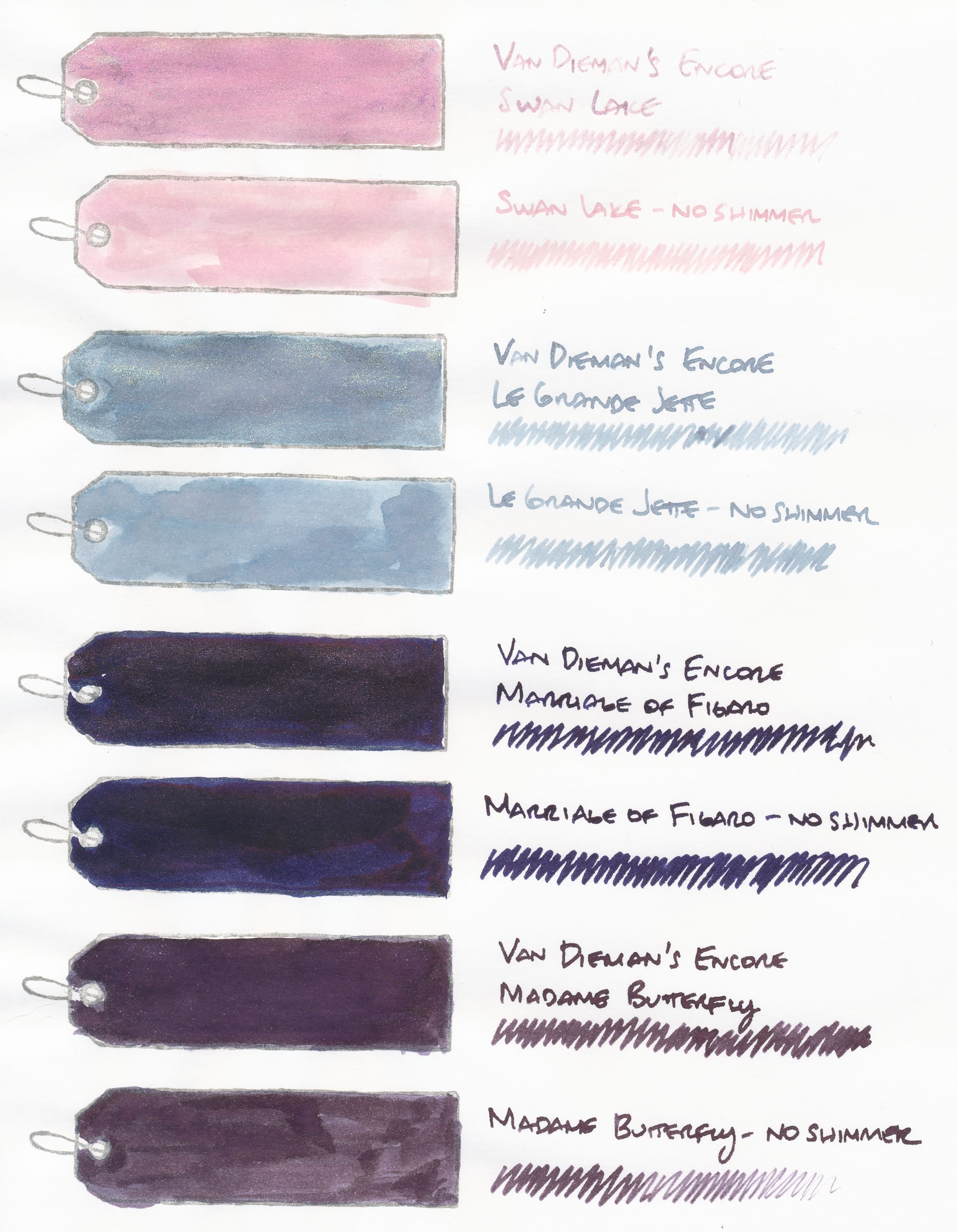 4 rubber stamped images of a long, narrow tag, filled in with ink swatches of 4 different inks: Swan Lake, a very, very light cherry blossom pink with pale yellow gold shimmer; Le Grande Jette, a medium-light sky blue with pink undertones and pale yellow gold shimmer; Marriage of Figaro, a very dark blurple with strong red sheen and dark magenta shimmer; and Madame Butterfly, a dark purple gray with dark black or green sheen and dark magenta shimmer