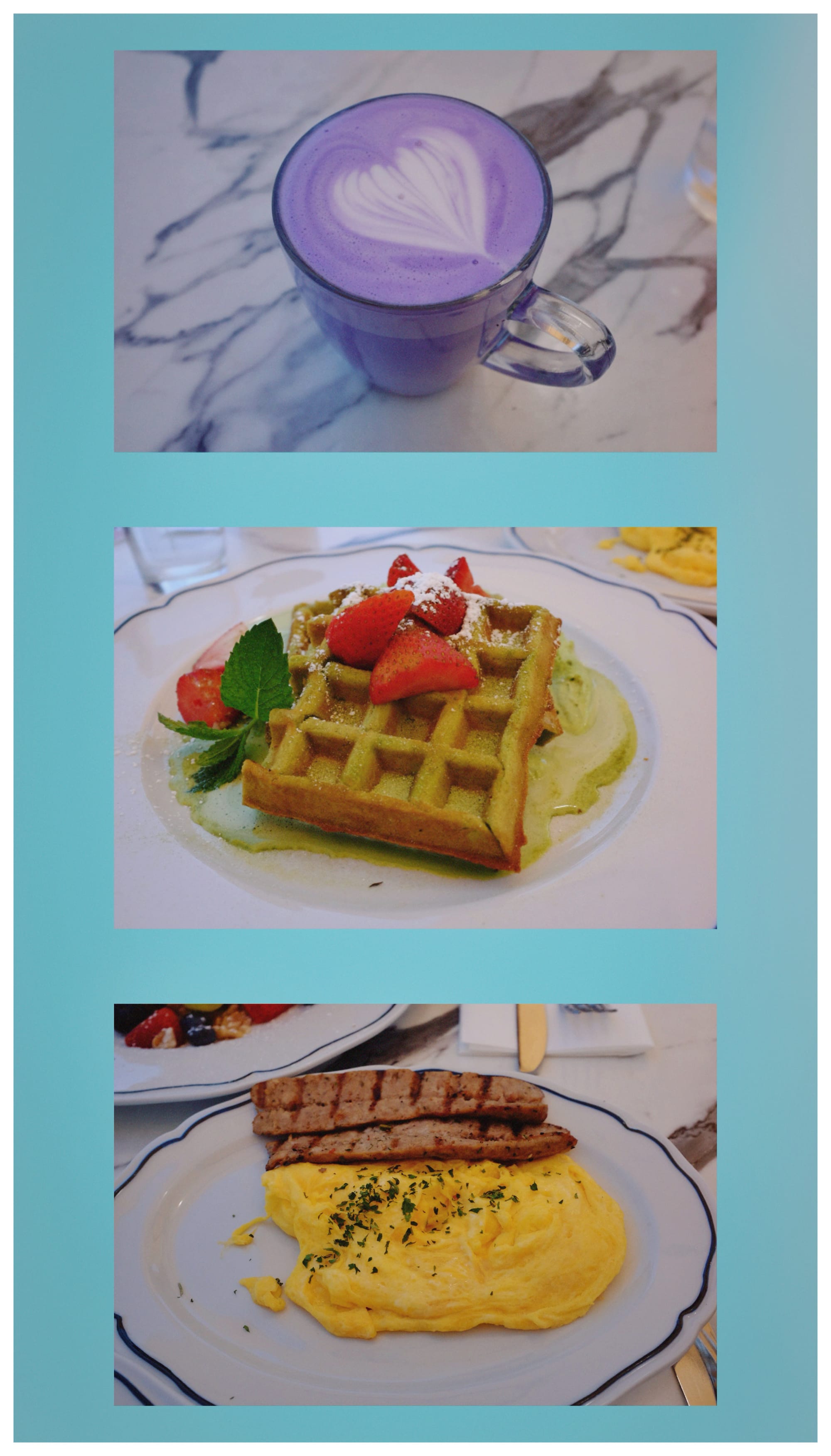 Ordered brunch items in a 3-photo collage: pastel purple ube latte in a glass cup (top), pale green matcha moffle sitting on a bed of matcha whipped cream, topped with strawberry halves (middle), and 2 scrambled eggs and a split pork sausage (bottom)