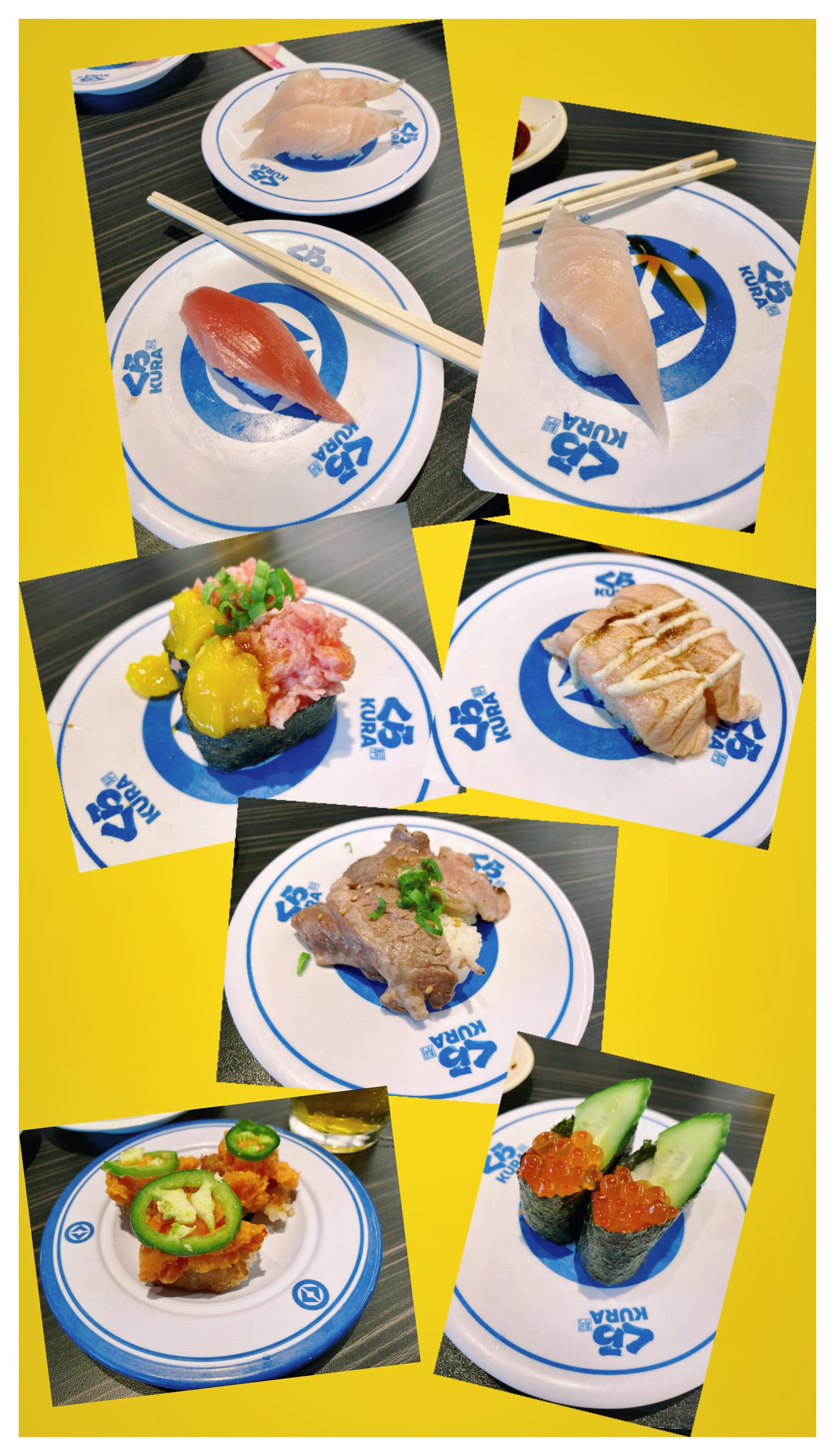 Collage of pictures of various sushi rolls or nigiri on small, round blue and white plates