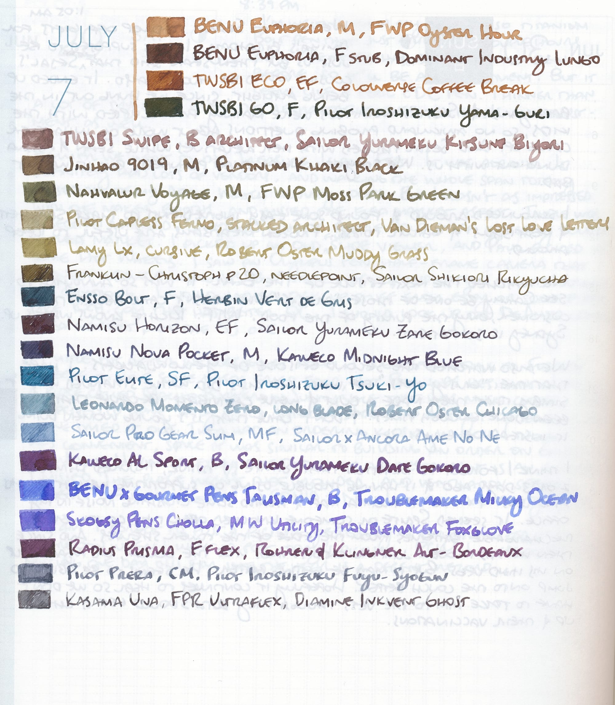 Various fountain pen ink swatches, drawn and filled in rectangles with the pen and ink combo written out