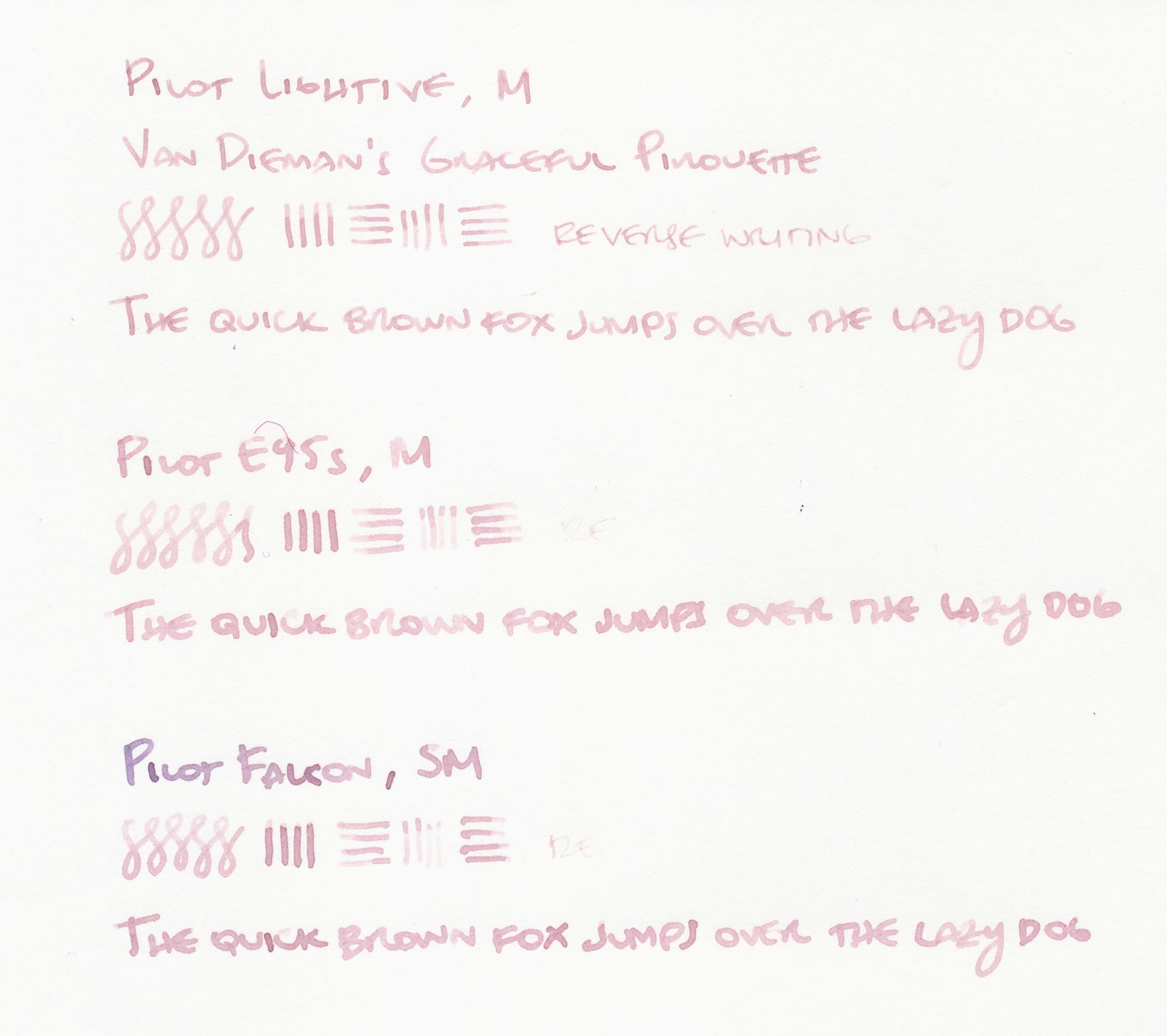 Writing samples from 3 different fountain pens on white paper, the first line in each group listing the pen name and nib width, then some squiggles and "The quick brown fox jumps over the lazy dog" from each pen