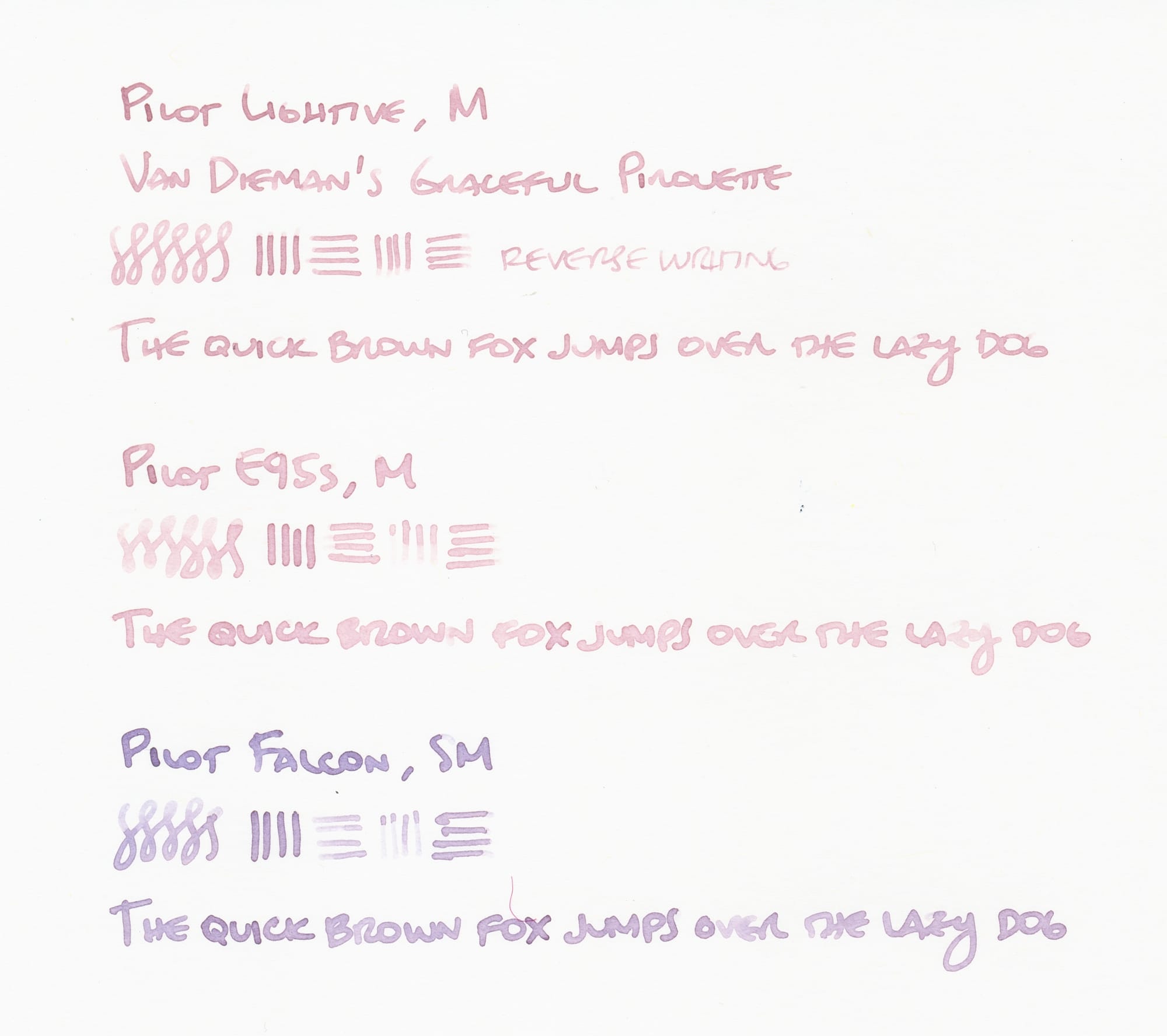 Writing samples from 3 different fountain pens on a different white paper, the first line in each group listing the pen name and nib width, then some squiggles and "The quick brown fox jumps over the lazy dog" from each pen