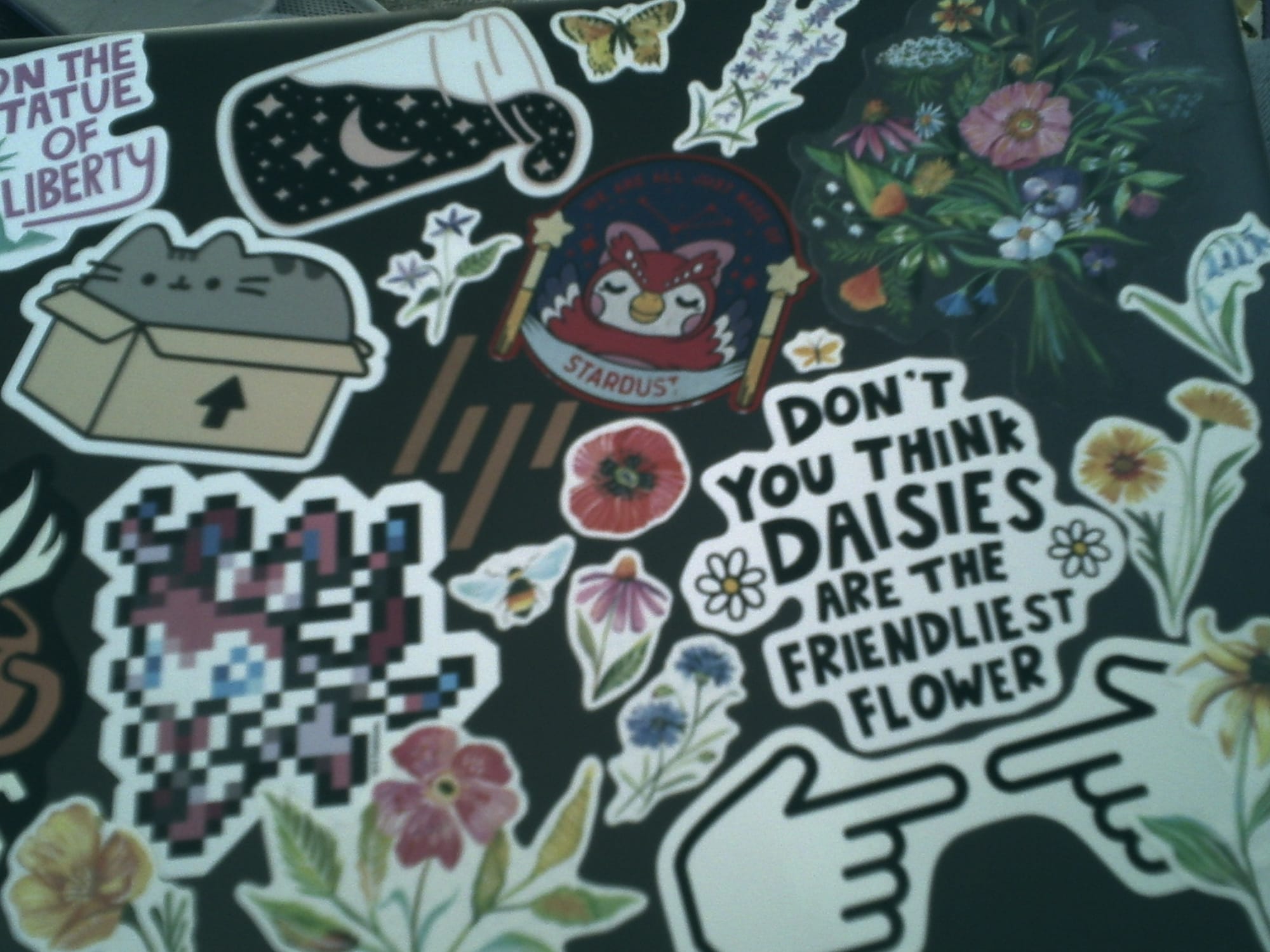 Slightly blurry and dim image with a cooler white balance of an HP laptop lid filled with various stickers of flowers, Pusheen, Celeste from Animal Crossing, etc.