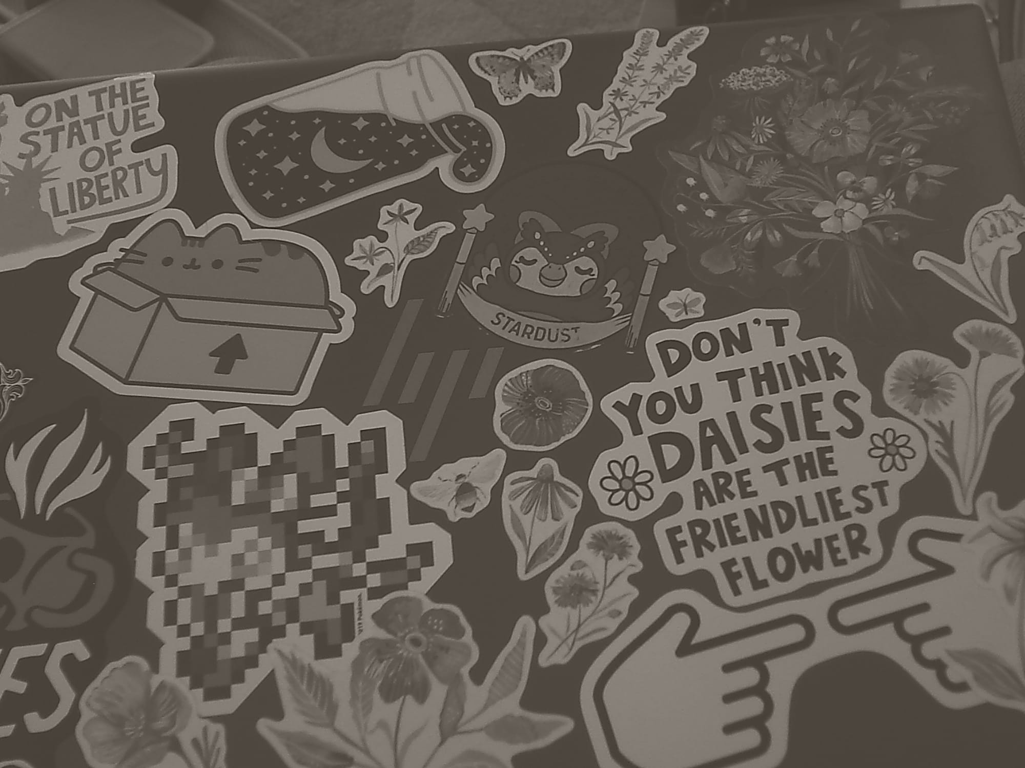 Warm-toned, low-contrast but sharply focused monochrome image of a stickered HP laptop lid