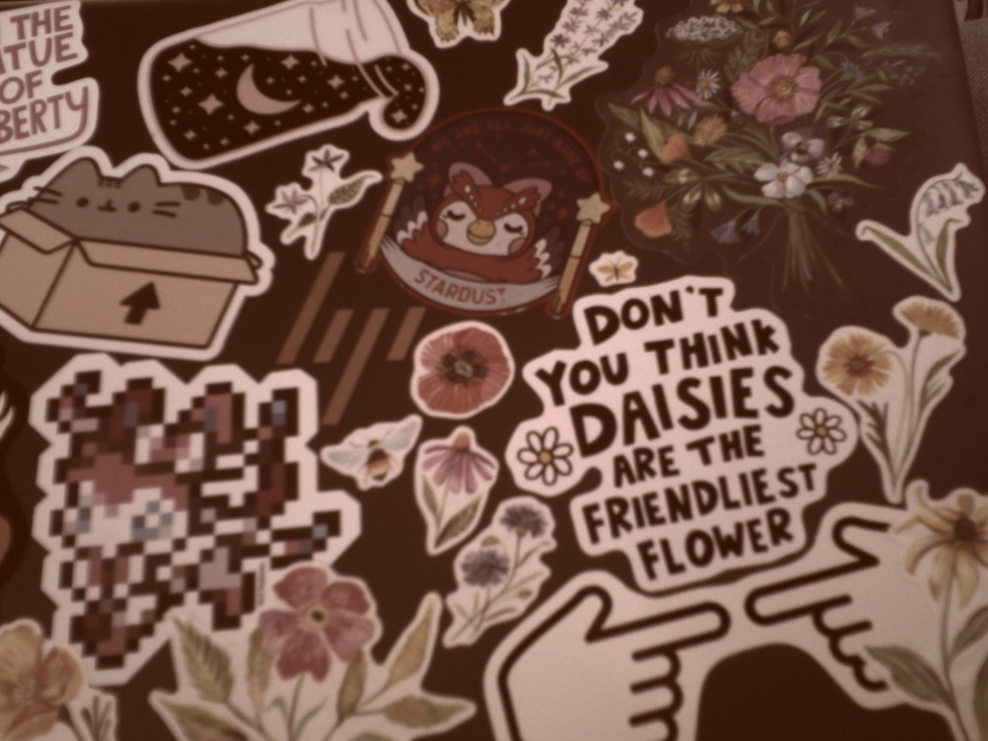 Slightly blurry, dim, warm-toned desaturated image of an HP laptop lid filled with various stickers of flowers, Pusheen, Celeste from Animal Crossing, etc.