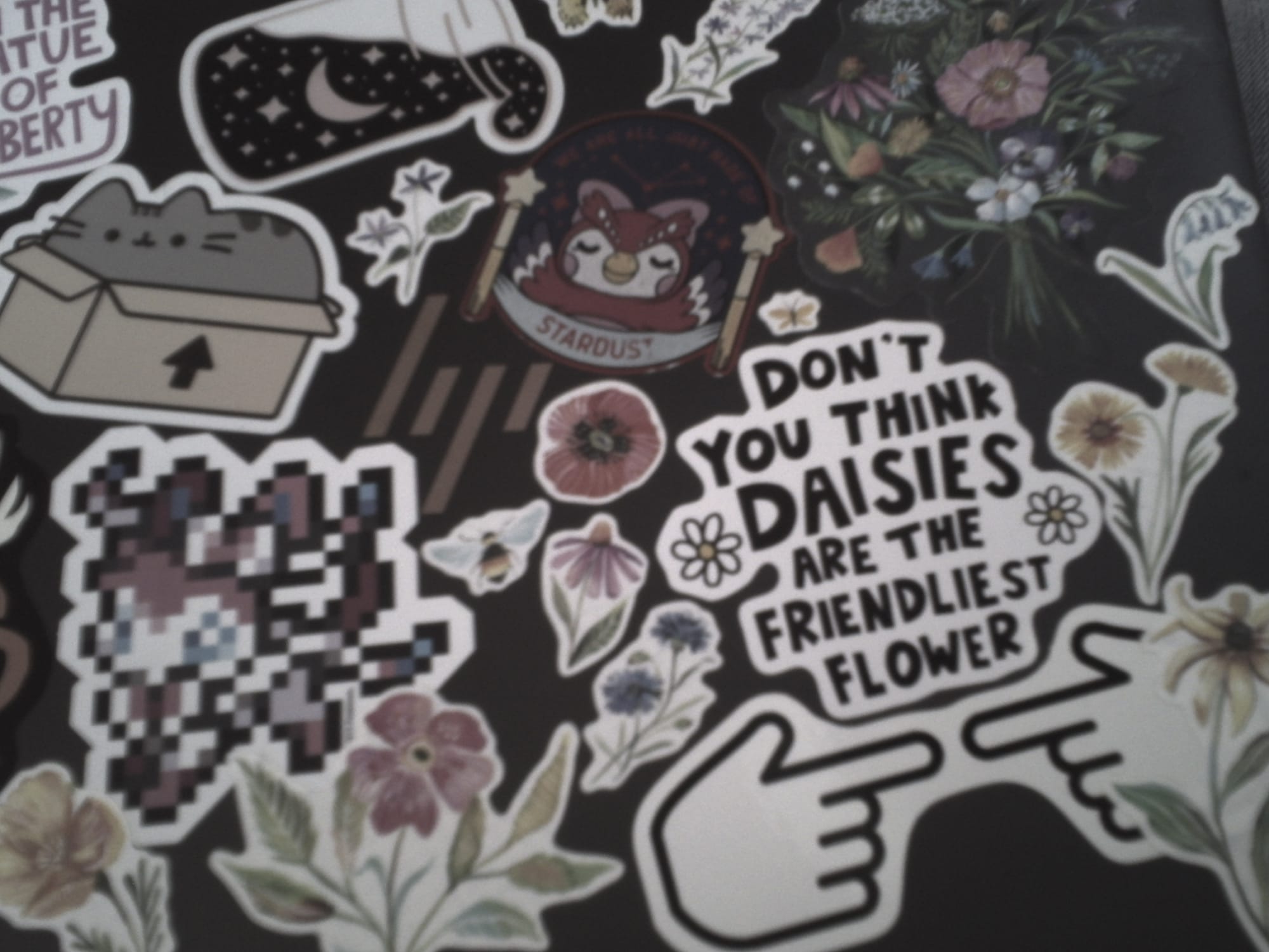 Slightly blurry, dim, desaturated image of an HP laptop lid filled with various stickers of flowers, Pusheen, Celeste from Animal Crossing, etc.