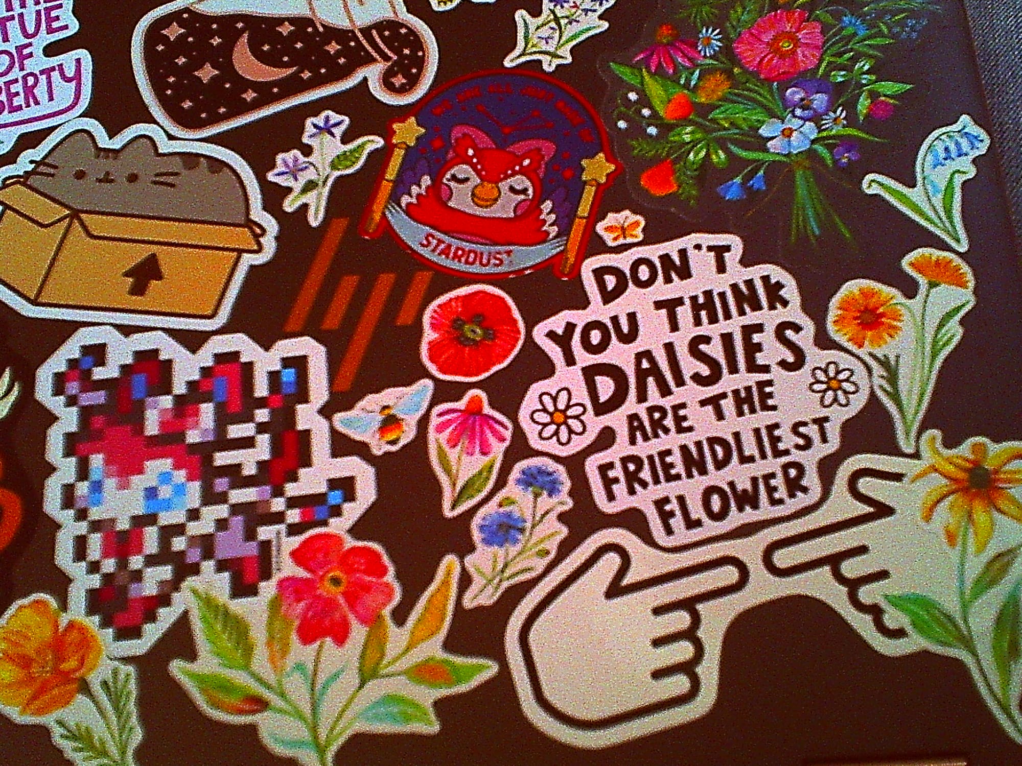 Noisy and super saturated image of an HP laptop lid filled with various stickers of flowers, Pusheen, Celeste from Animal Crossing, etc.