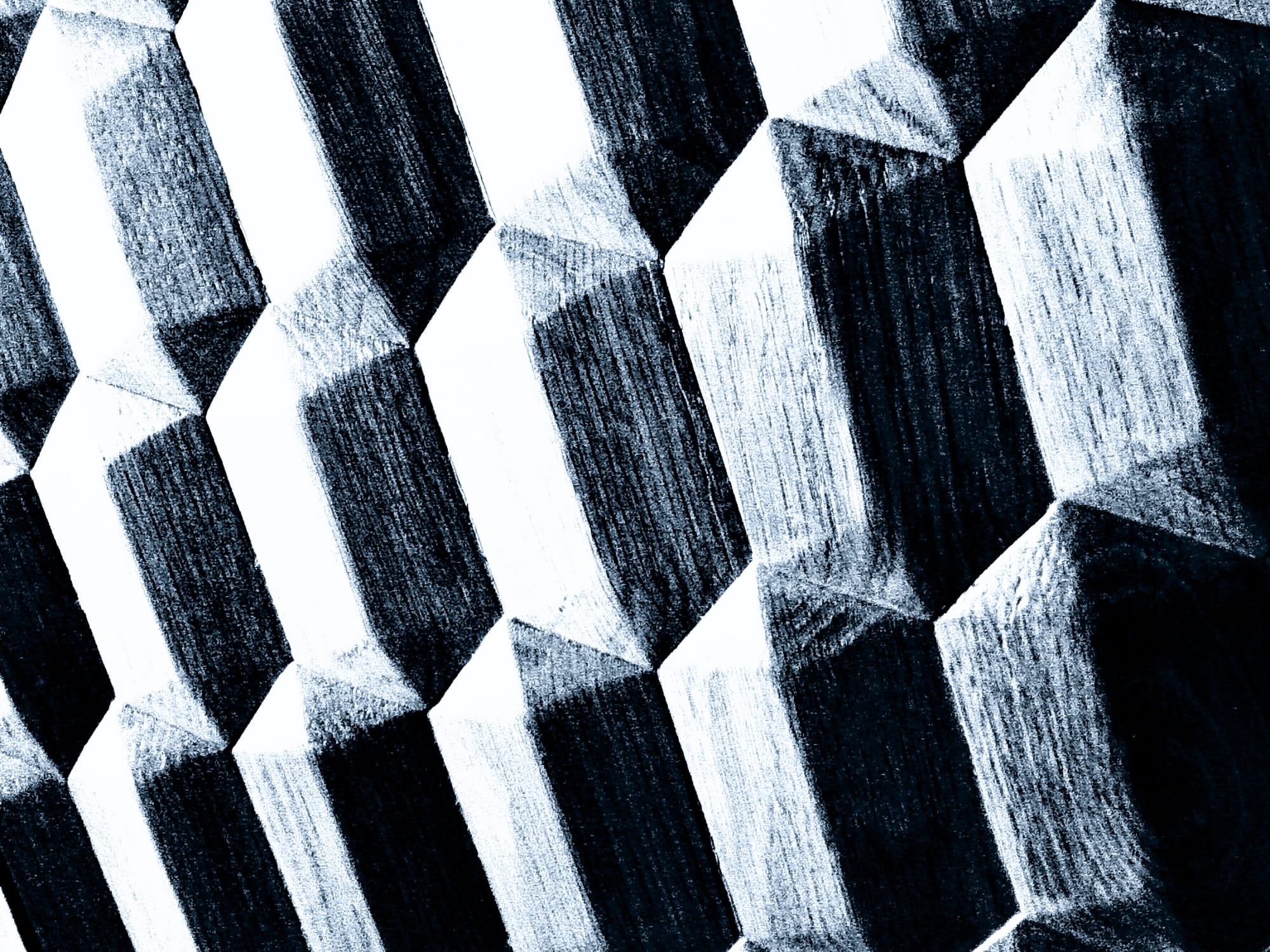 Monochrome, high-contrast picture of 3D hexagonal shapes, tesselated 