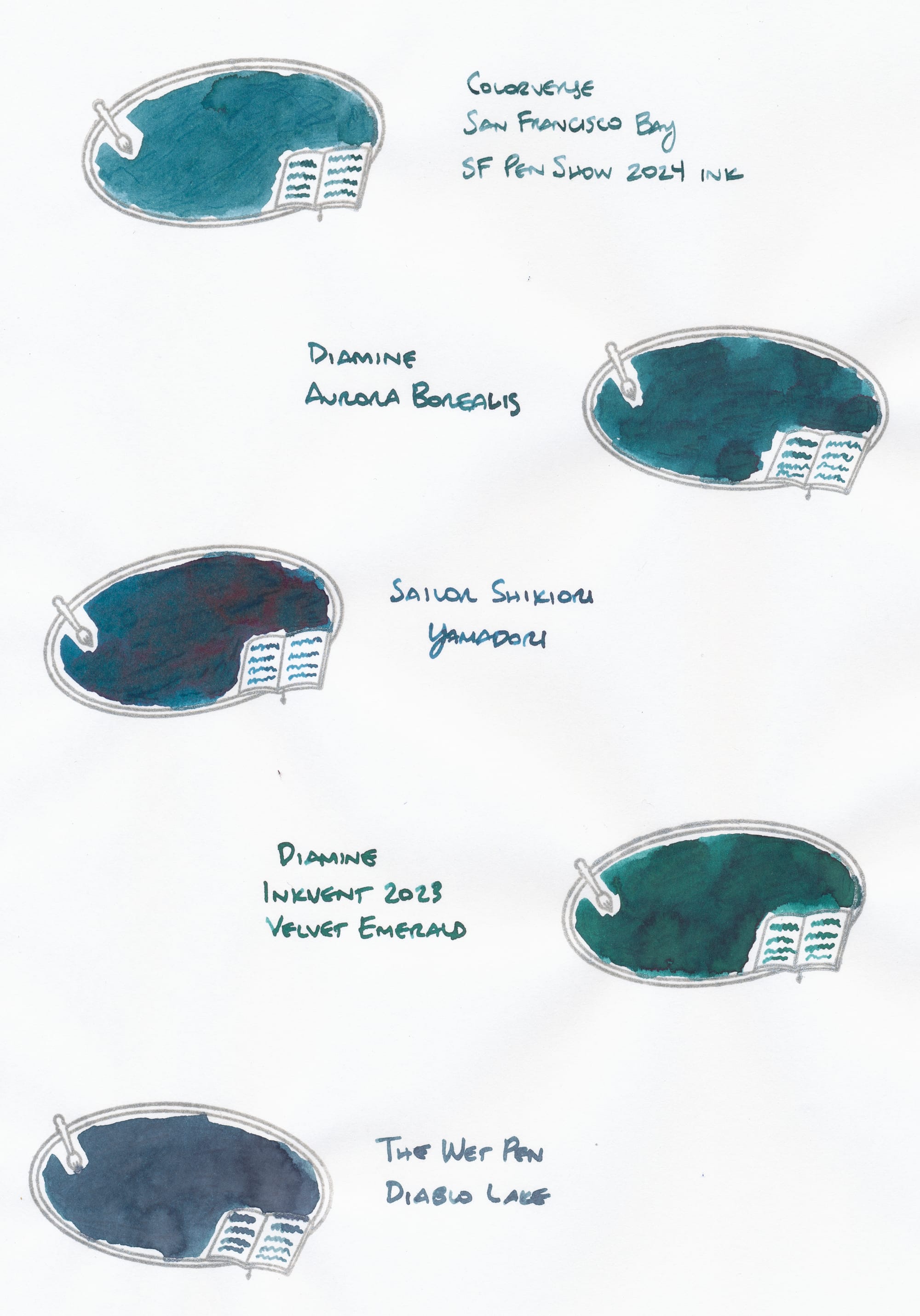 Ink swatches colored into stamped images of an oval flanked by an artist's paint brush on the left, and an open book on the right. The stamped images alternate between the left and right sides of the page, with the ink labels written right next to the stamps.