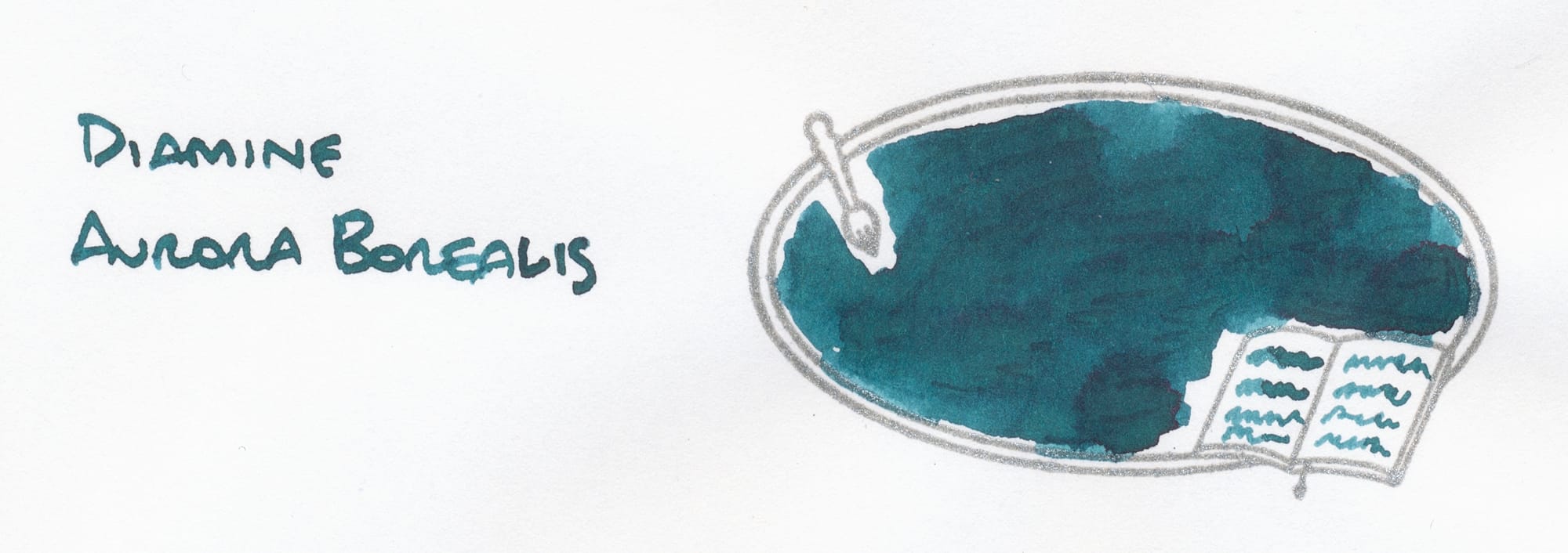 Medium-dark teal fountain pen ink swatch colored into stamped image of an oval flanked by an artist paint brush and book, ink labeled to the left of the stamp, "Diamine Aurora Borealis"