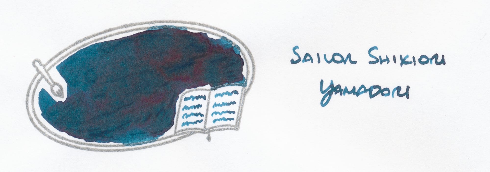 Dark blue-green fountain pen ink swatch colored into stamped image of an oval flanked by an artist paint brush and book, ink labeled to the right of the stamp, "Sailor Shikiori Yamadori"