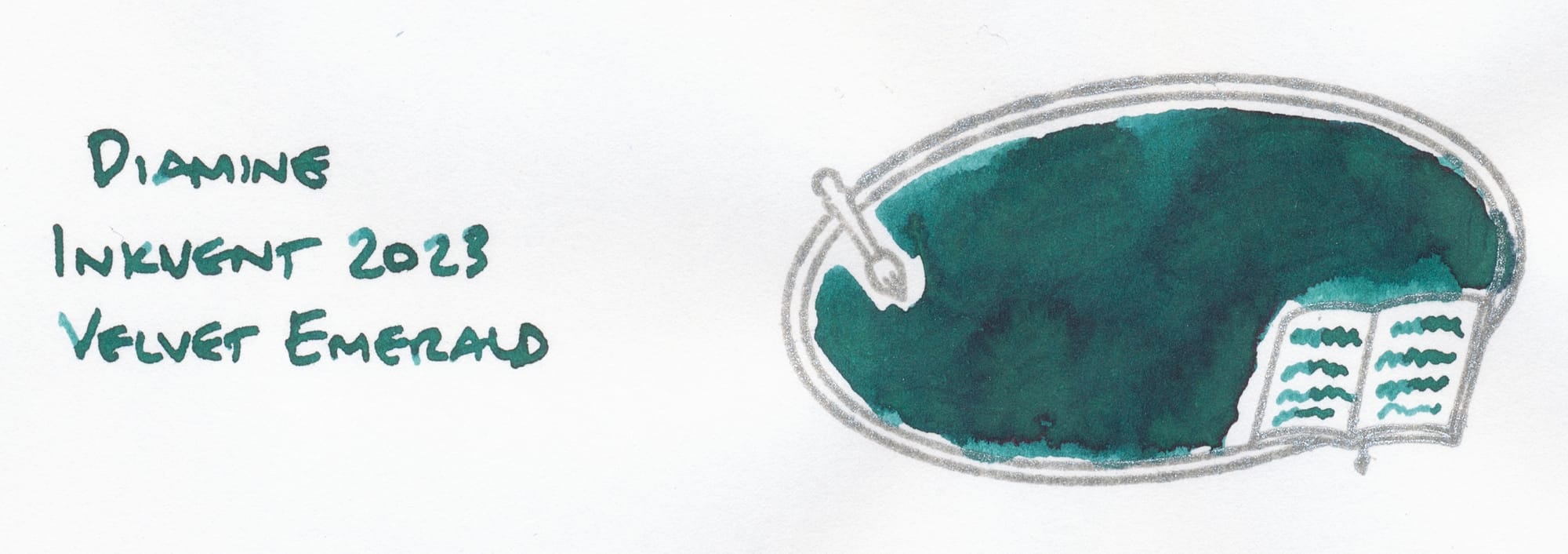 Medium-dark green-blue fountain pen ink swatch colored into stamped image of an oval flanked by an artist paint brush and book, ink labeled to the left of the stamp, "Diamine Inkvent 2023 Velvet Emerald"