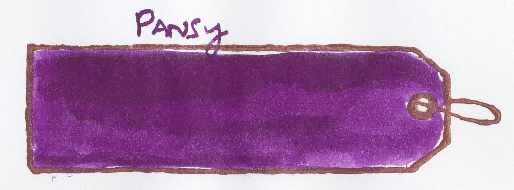 Ink swatch of a dark violet ink painted into a rubber stamped image of a paper tag