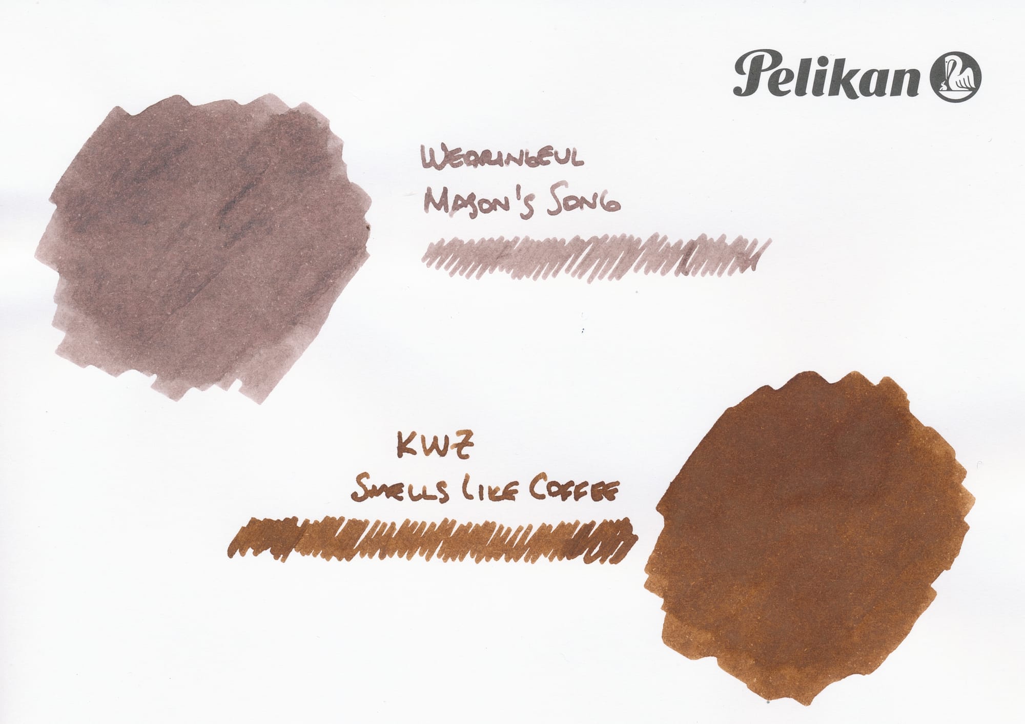 Ink swatch for Wearingeul Mason's Song on top left corner, KWZ Smells Like Coffee swatch on bottom right. Pelikan logo at top right of paper.