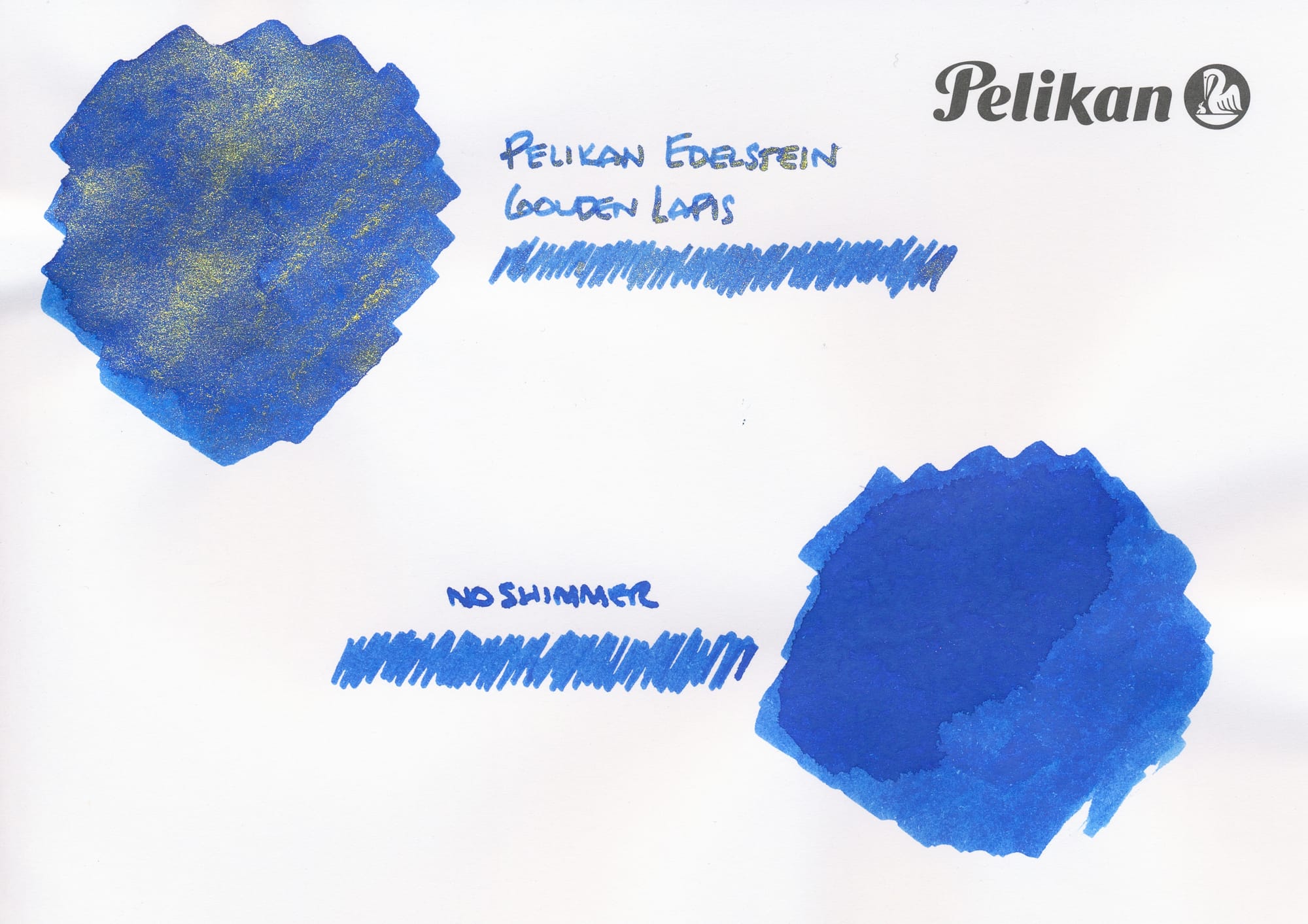 Ink Swatches of Golden Lapis, a blue ink with gold shimmer, the shimmer version on top left, non-shimmer version on bottom right, both labeled. Pelikan logo in top right of paper.