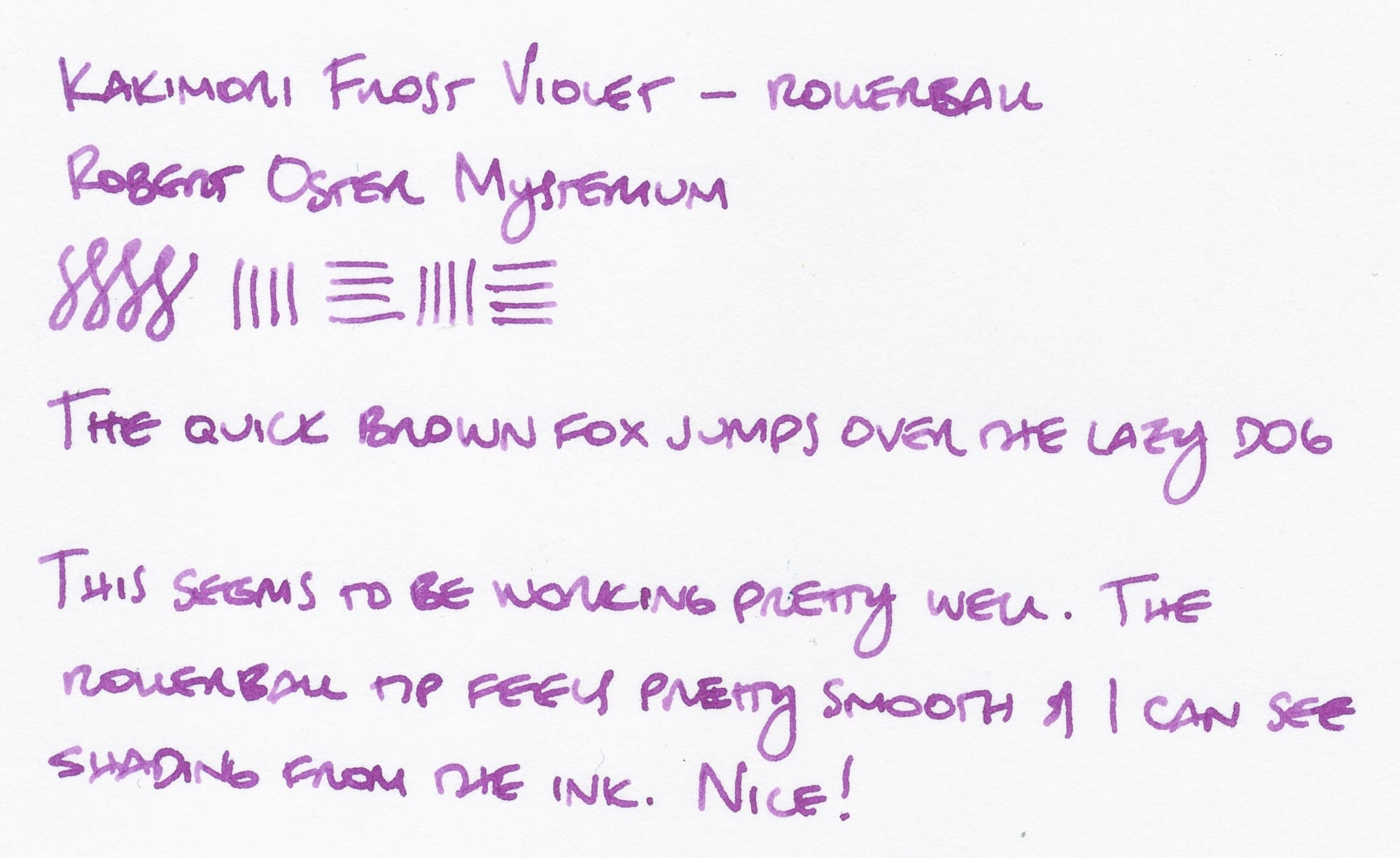 Writing sample using a purple/magenta ink on white paper; transcription below