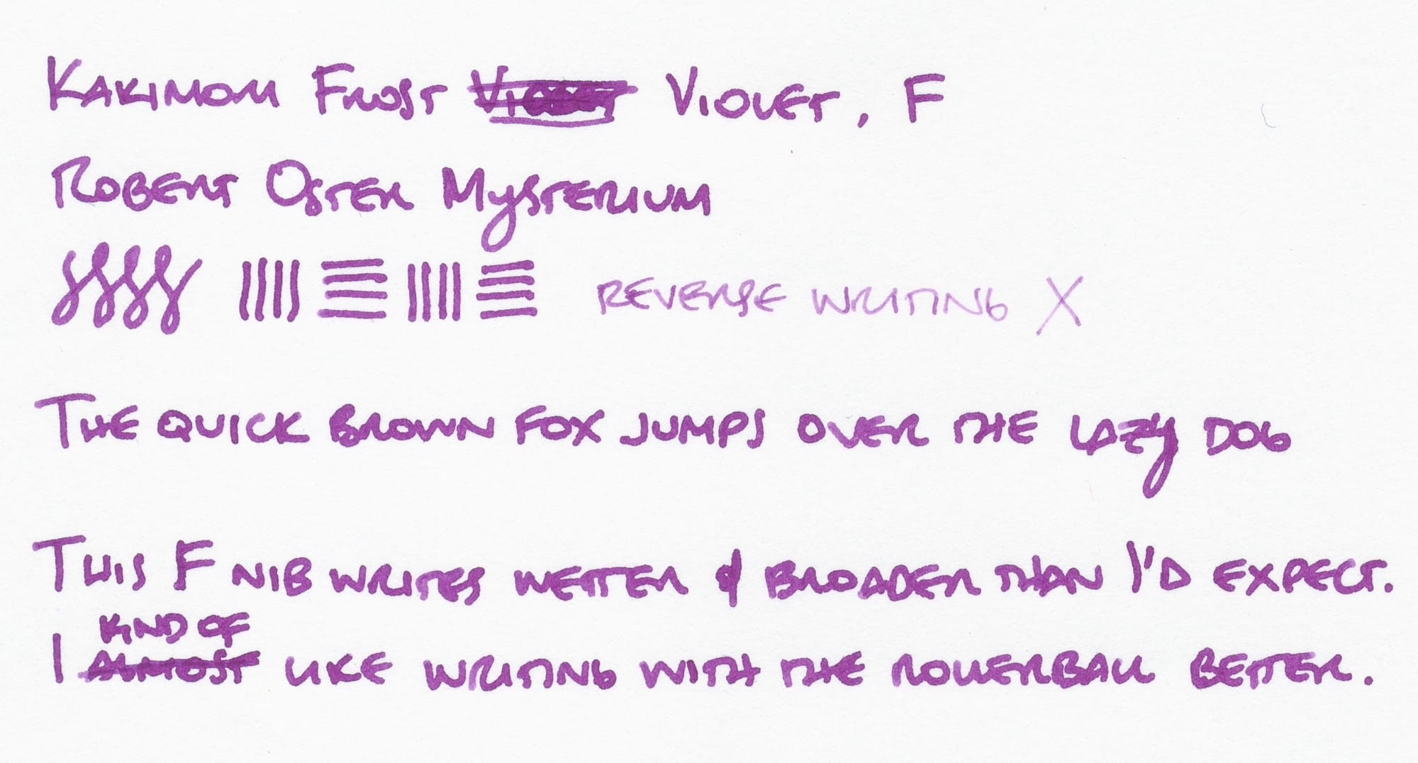 Writing sample using a purple/magenta ink on white paper; transcription below