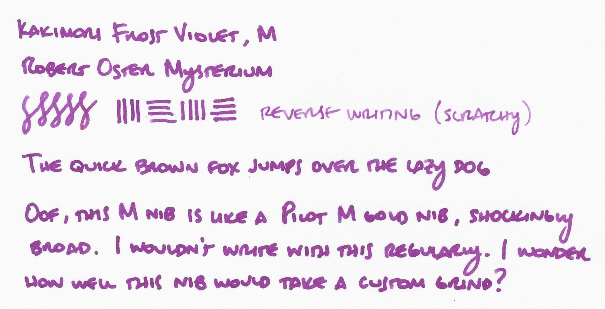 Writing sample using a purple/magenta ink on white paper; transcription below