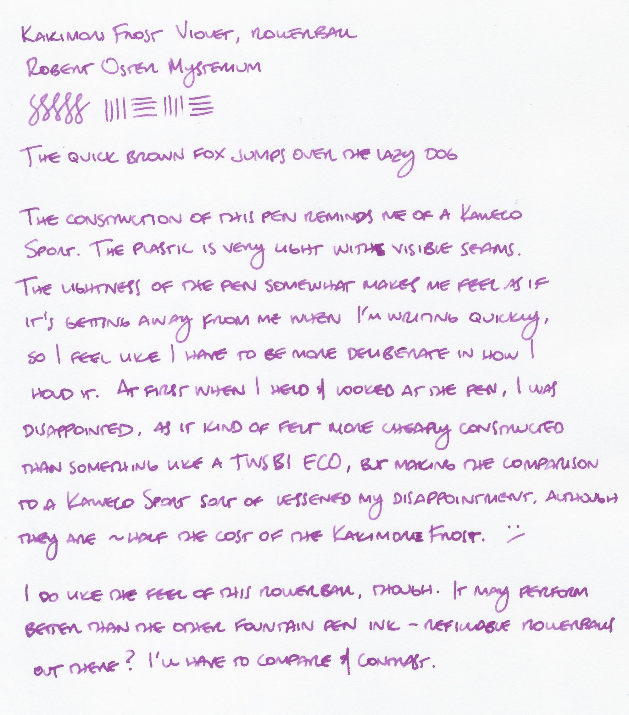 Writing sample using a purple/magenta ink on white paper; transcription below