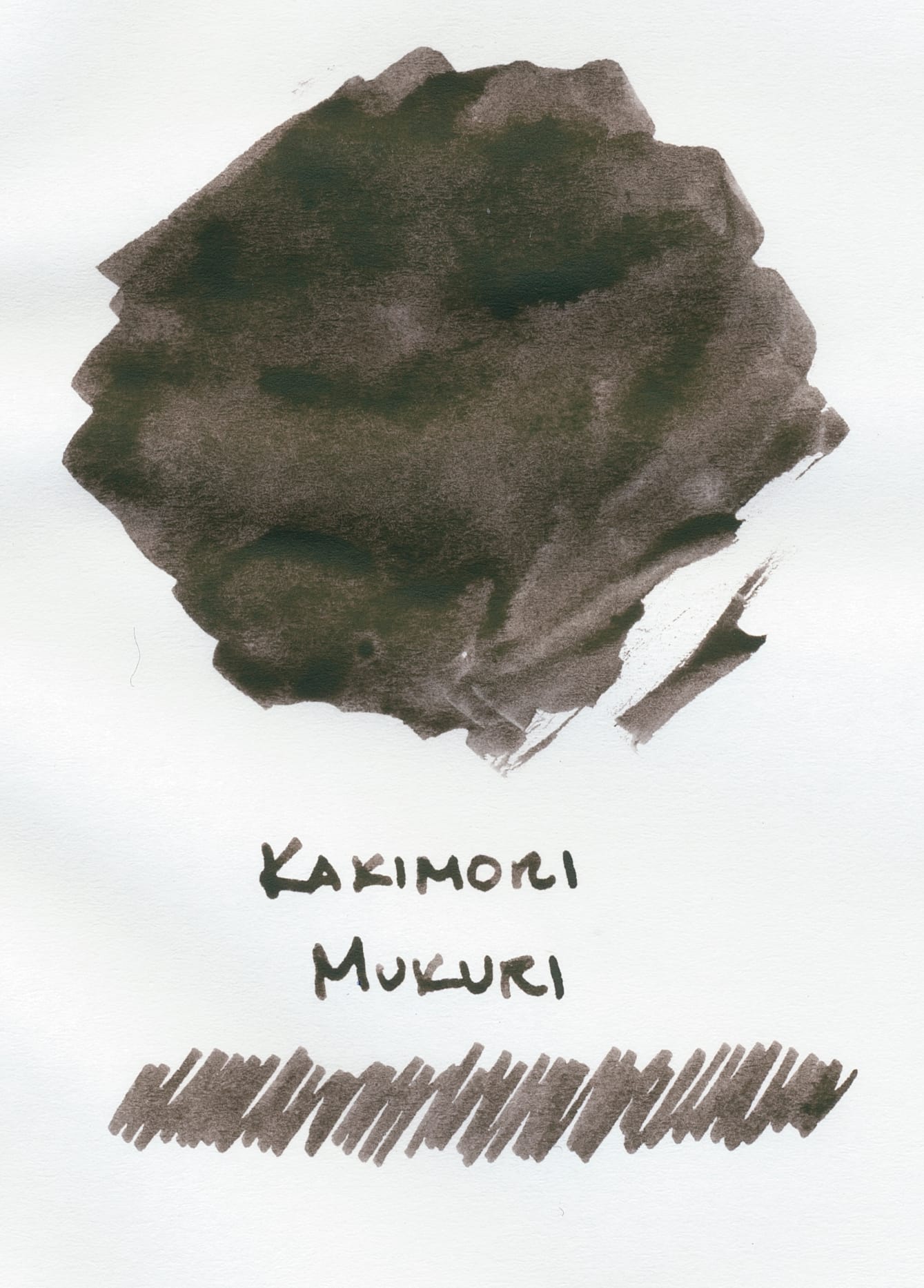 Dark grayish-brown ink swatch on white paper, labeled Kakimori Mukuri, and a scribble underneath