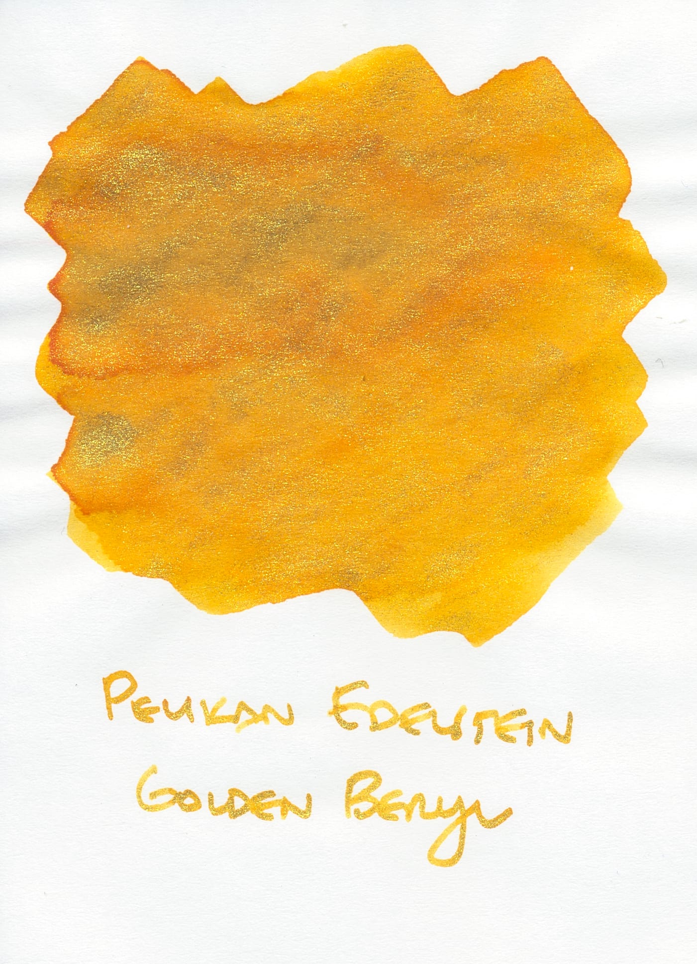 Ink swatch of a golden yellow shade with some orange undertones and heavy gold shimmer, labeled Pelikan Edelstein Golden Beryl