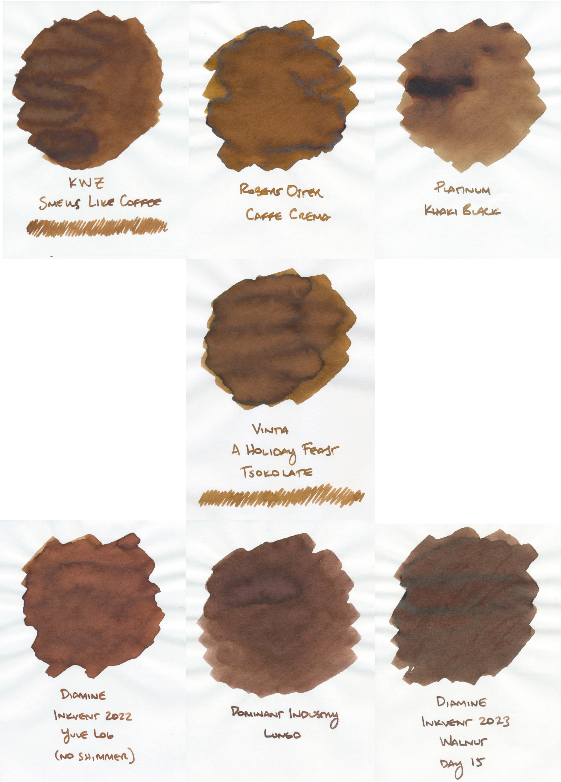 7 fountain pen ink swatches arranged together with Tsokolate in the middle row, and 3 other inks in the top and bottom rows