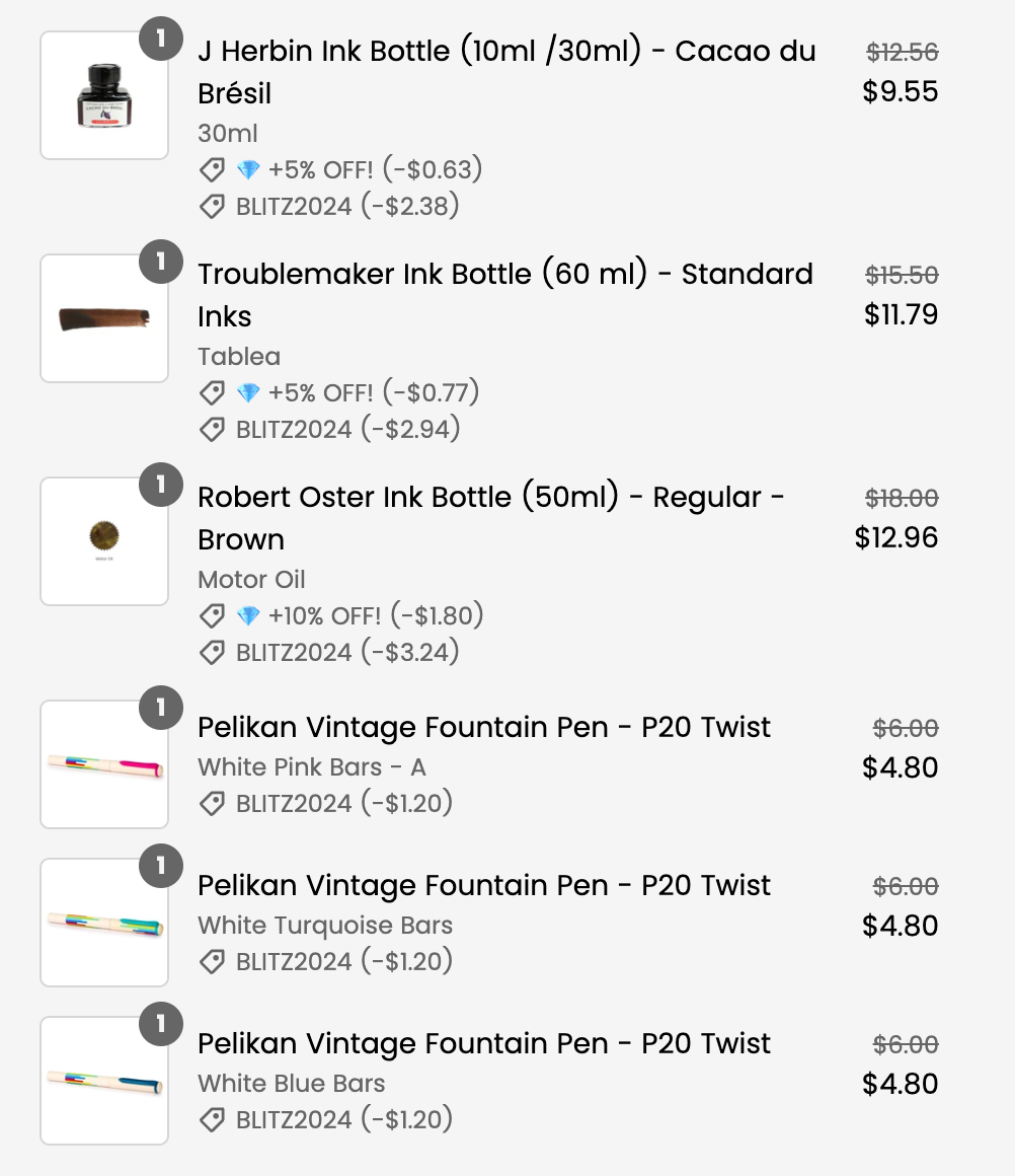 Screenshot of an order made at Endless Pens for 3 different Pelikan P20 Twist pens, and 3 different brown inks