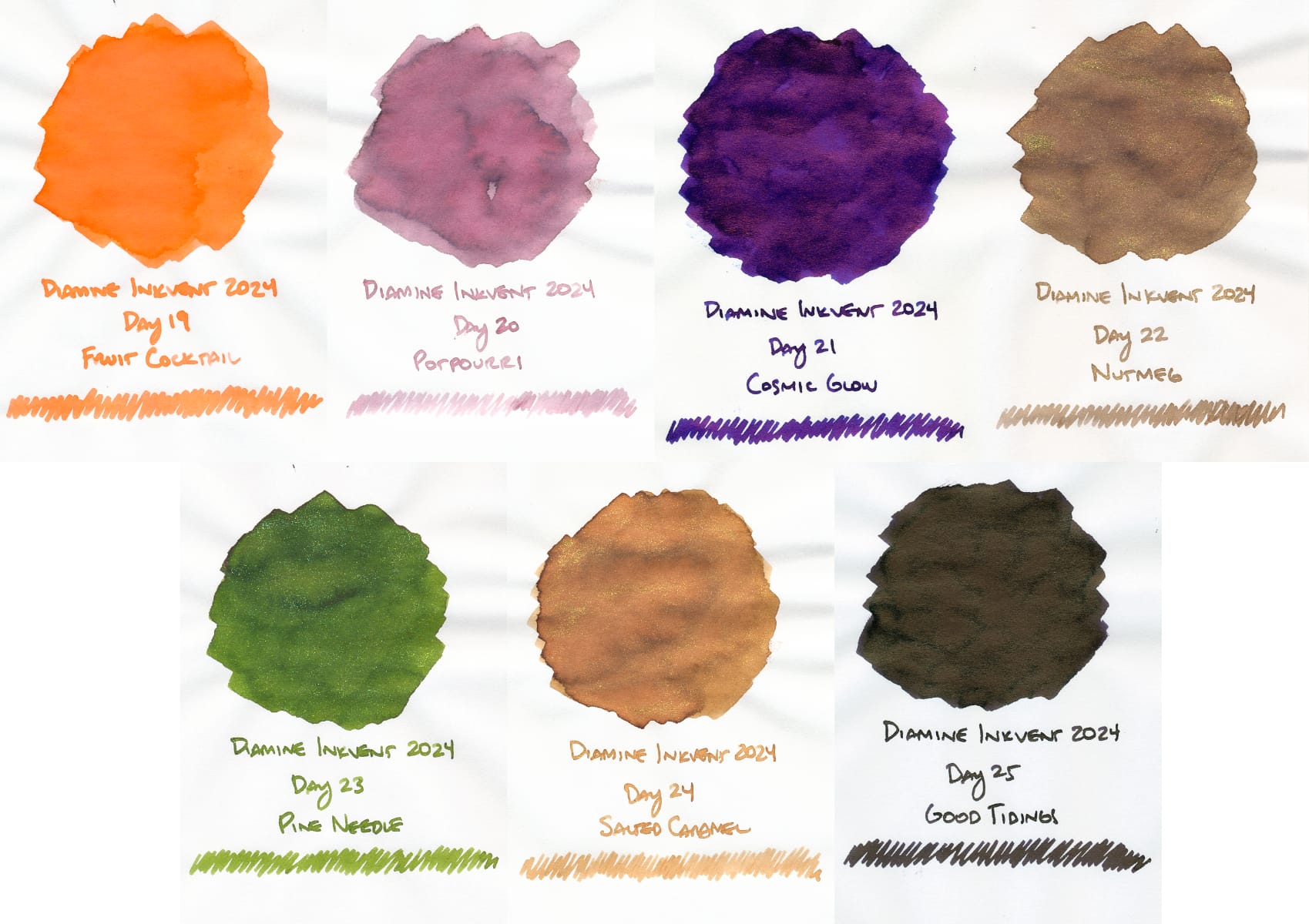 7 ink swatches, 4 in top row: Fruit Cocktail, Potpourri, Cosmic Glow, Nutmeg; 3 in bottom row: Pine Needle, Salted Caramel, Good Tidings