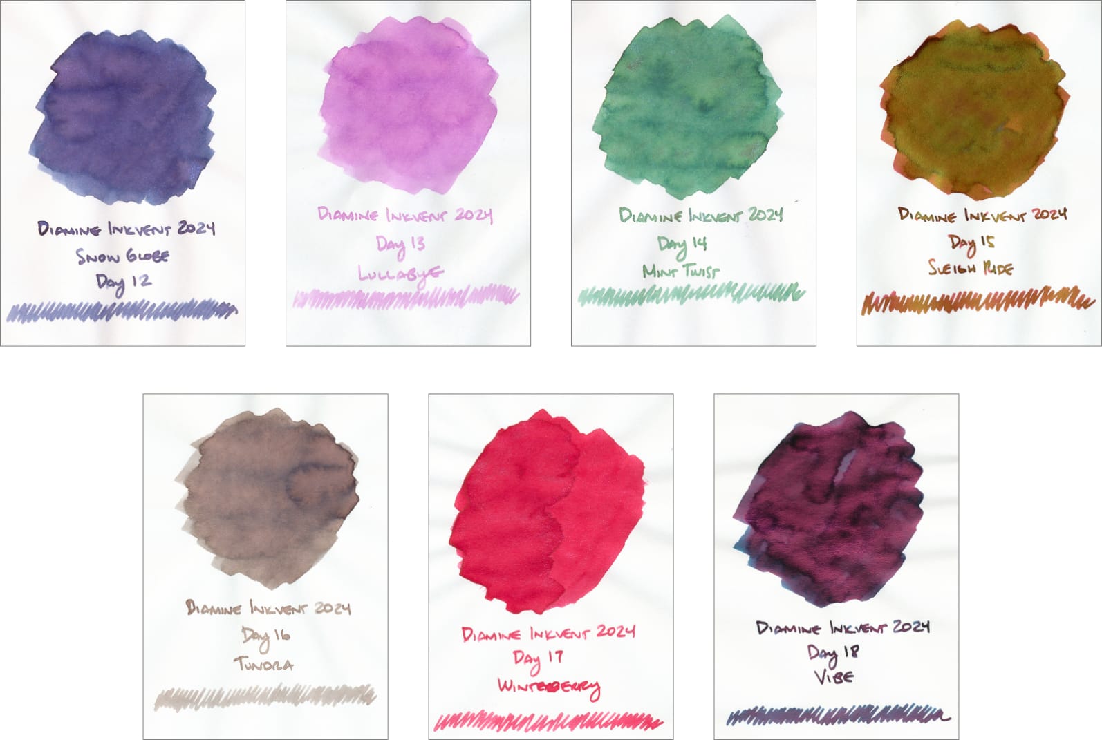 7 fountain pen ink swatches arranged with 4 in top row, 3 in bottom row: Snow Globe (Day 12), Lullabye, Mint Twist, Sleigh Ride, Tundra, Winterberry, and Vibe