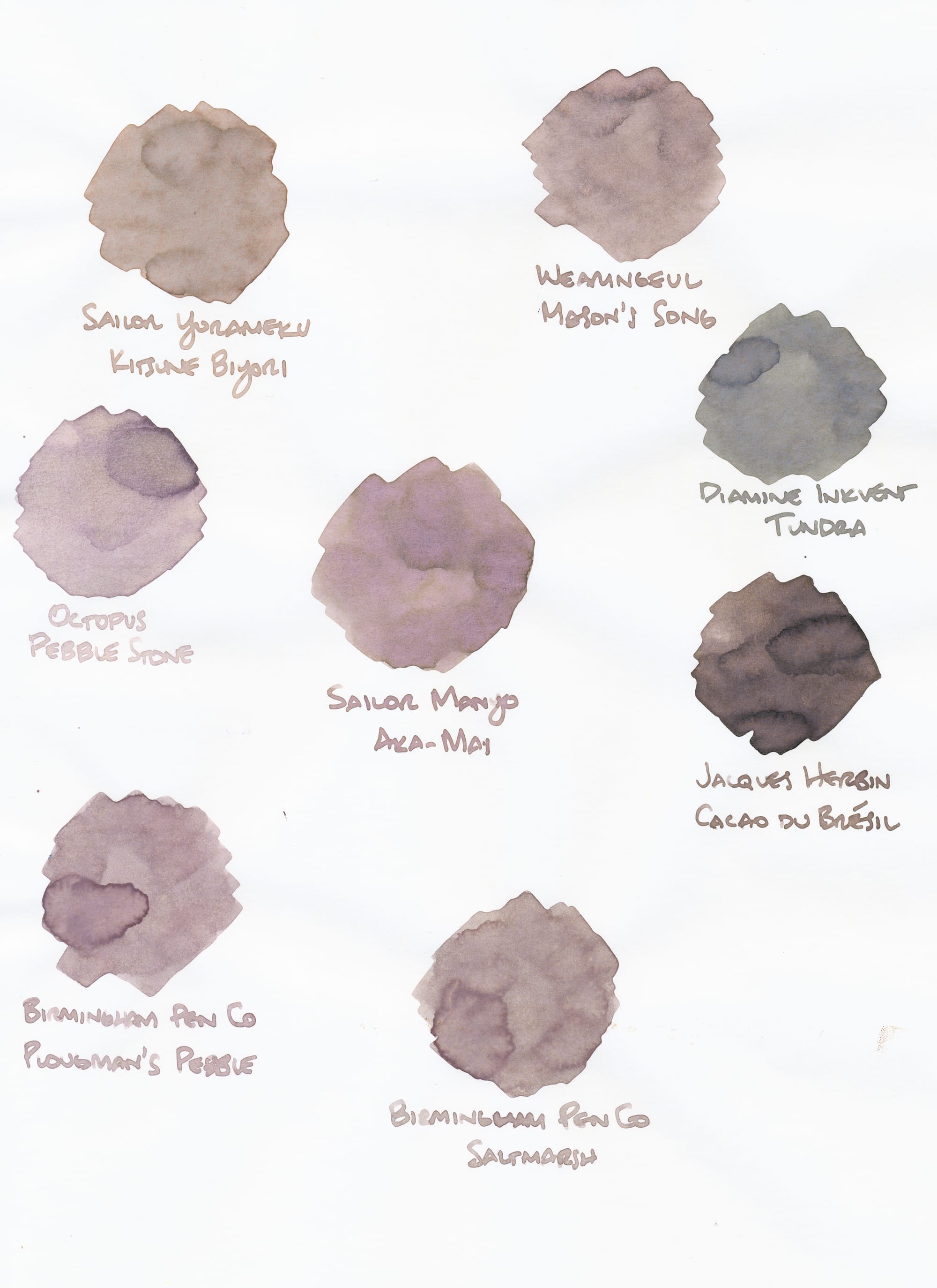 Fountain pen ink swatches on very thin paper of various beigey, neutral colors, except for two which are a more saturated brown and a saturated greenish gray