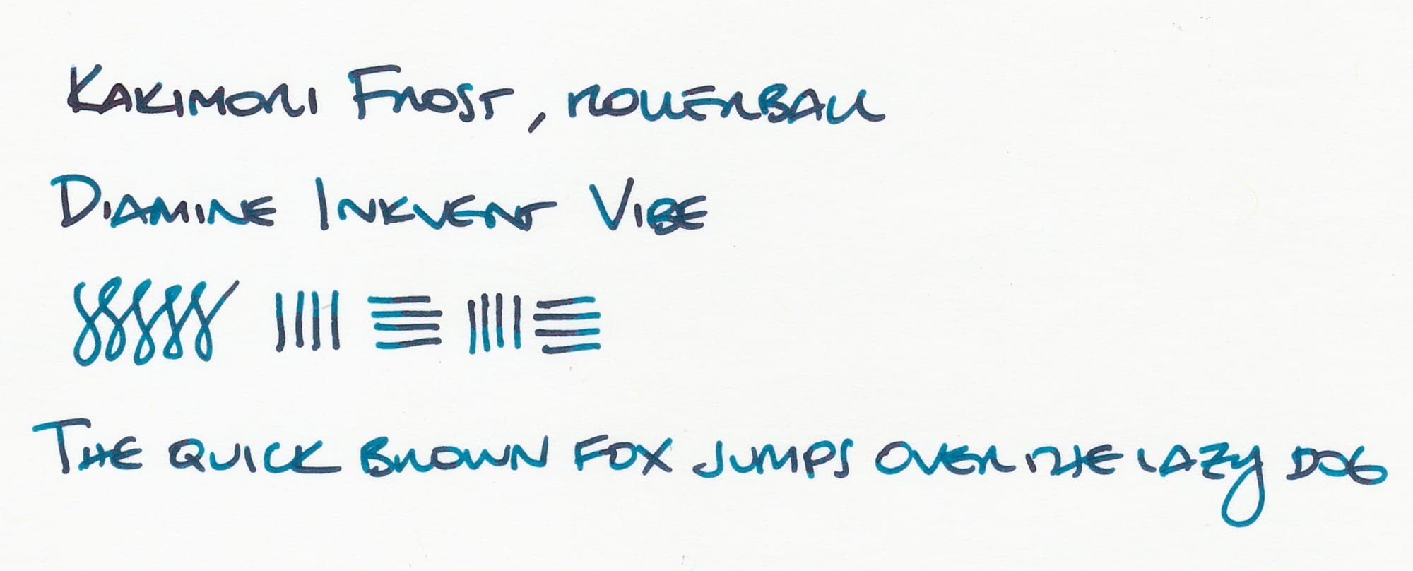 Dark blue-black text written on white paper: "Kakimori Frost, rollerball; Diamine Inkvent Vibe; figure-8 scribbles and vertical and horizontal test lines; The quick brown fox jumps over the lazy dog"