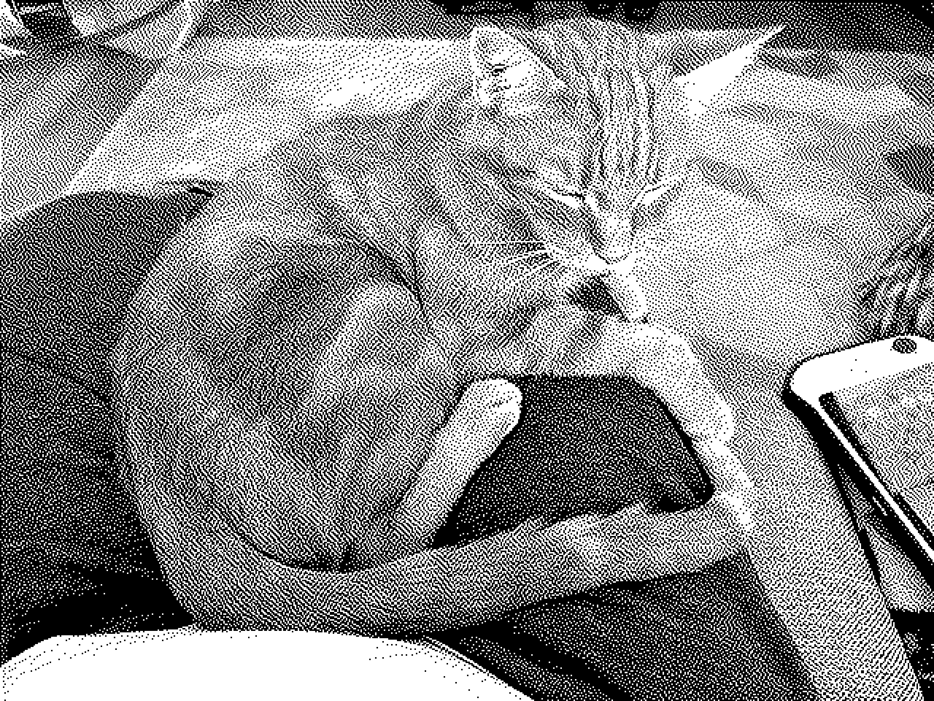 Monochrome pixelated image of an orange tabby cat sitting on a lap, his eyes closed