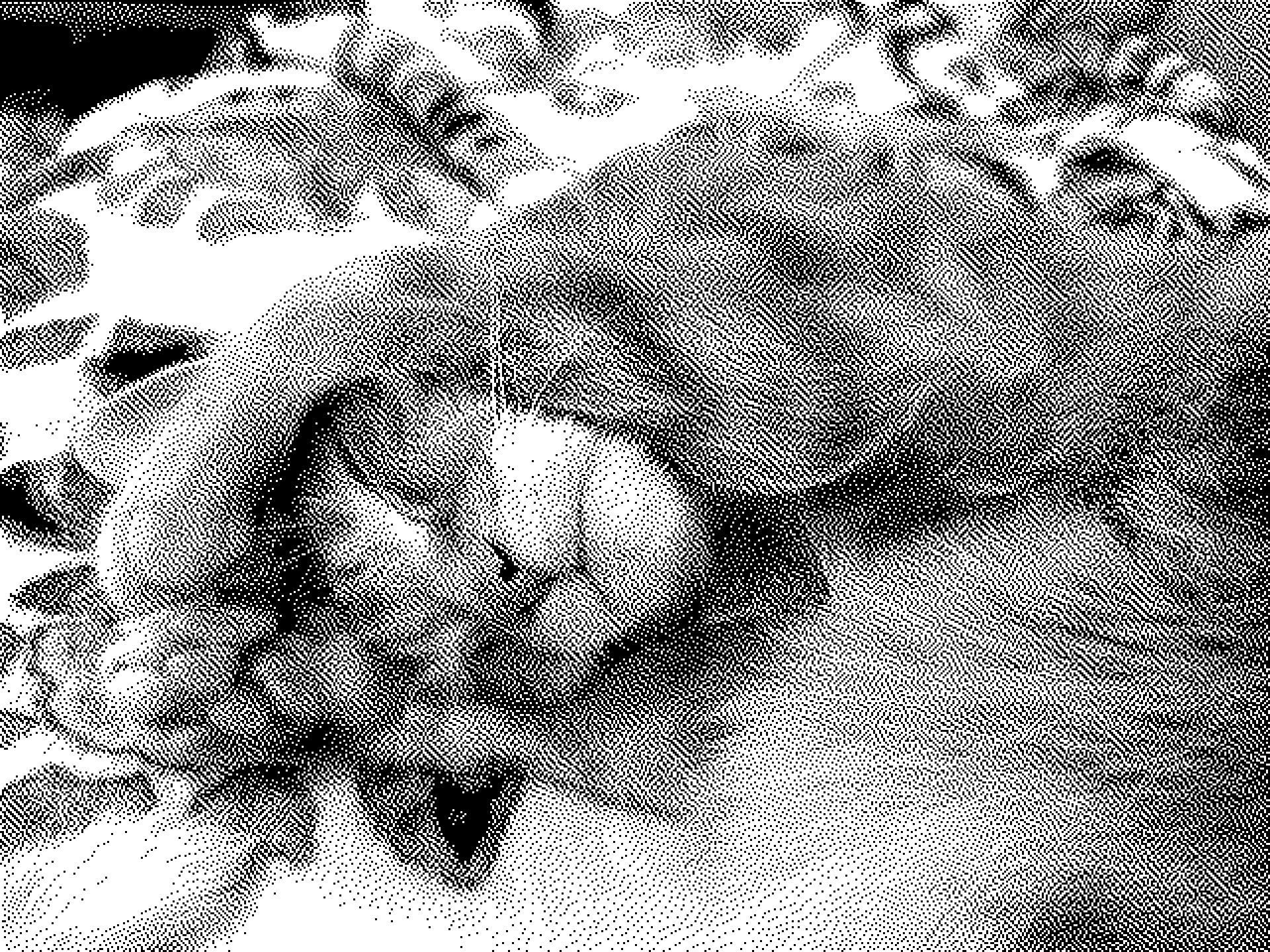 Monochrome pixelated picture of a cat lying on a sofa with both his paws up around his face as he's sleeping