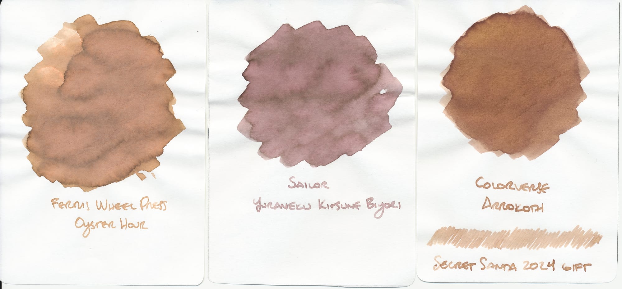 3 fountain pen ink swatch "cards" scanned side-by-side to show similarities to Colorverse White Sands ink